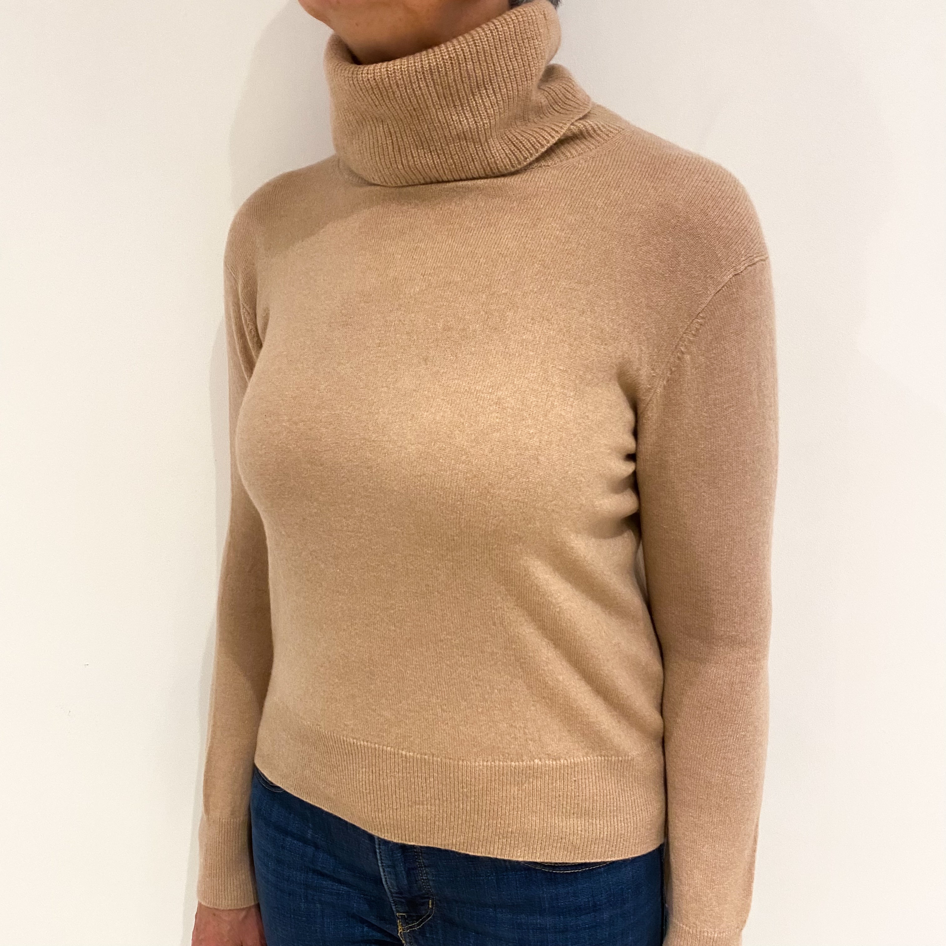 Soft Caramel Brown Cashmere Polo Neck Jumper Medium