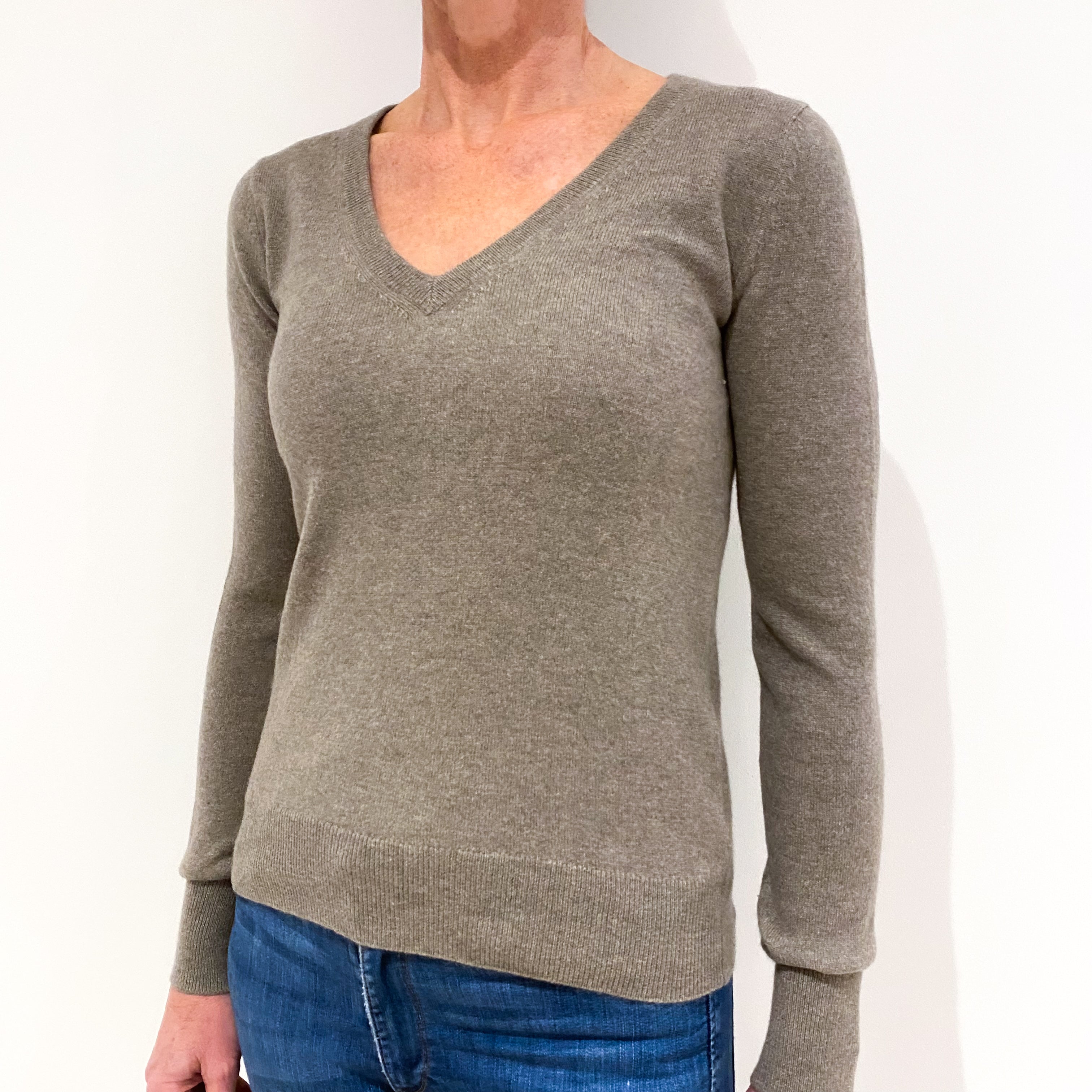 Fawn Brown Cashmere V-Neck Jumper Small