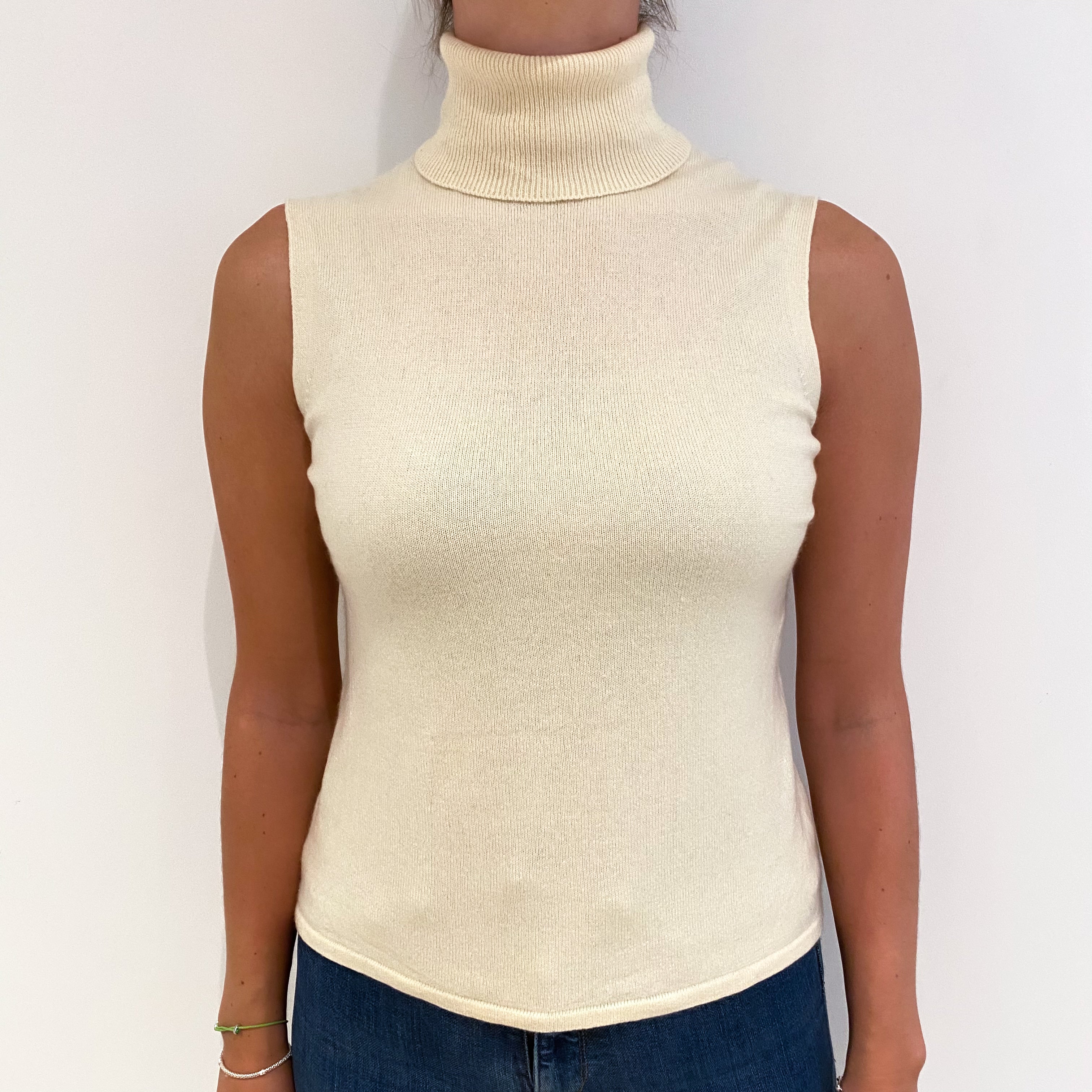 Vanilla Cream Cashmere Polo Neck Sleeveless Jumper Small