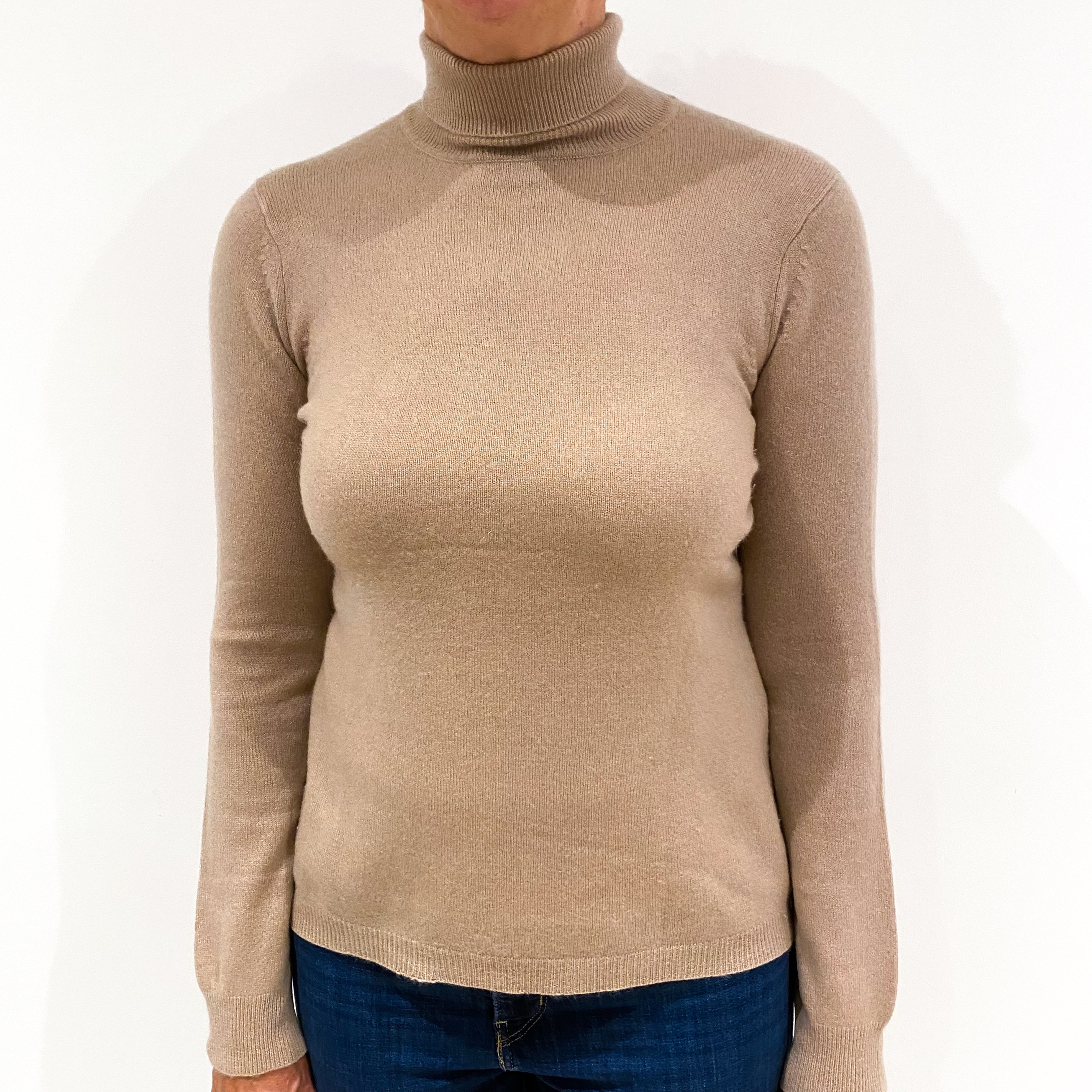 Fawn Beige Cashmere Polo Neck Jumper Medium