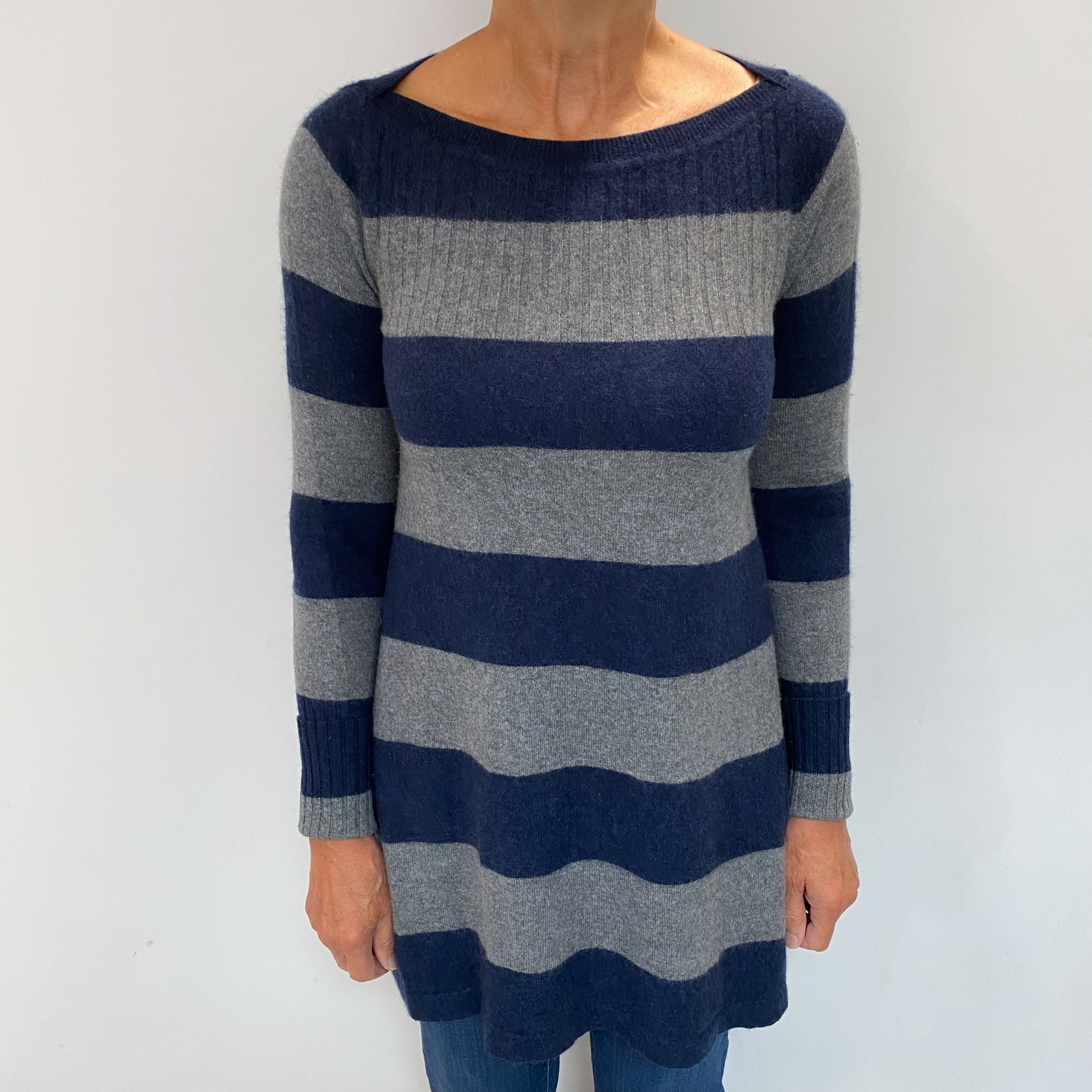 Navy Grey Stripe Cashmere Slash Neck Tunic Jumper Medium