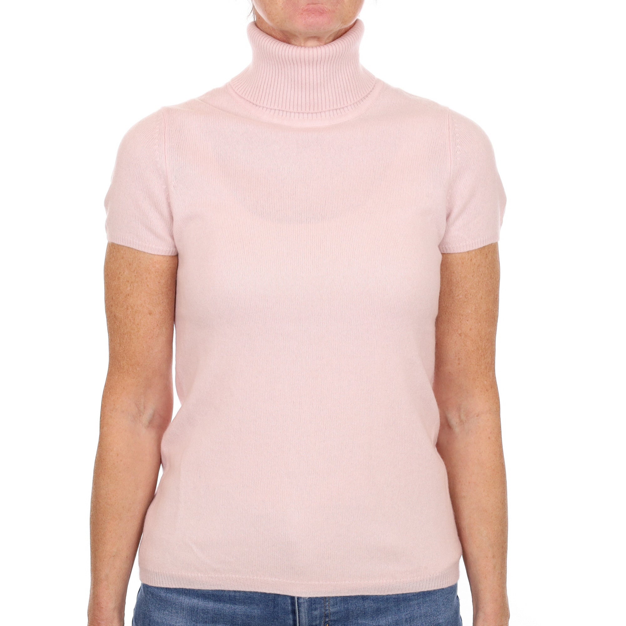 Ice Pink Cashmere Polo Neck Short Sleeved Jumper Small