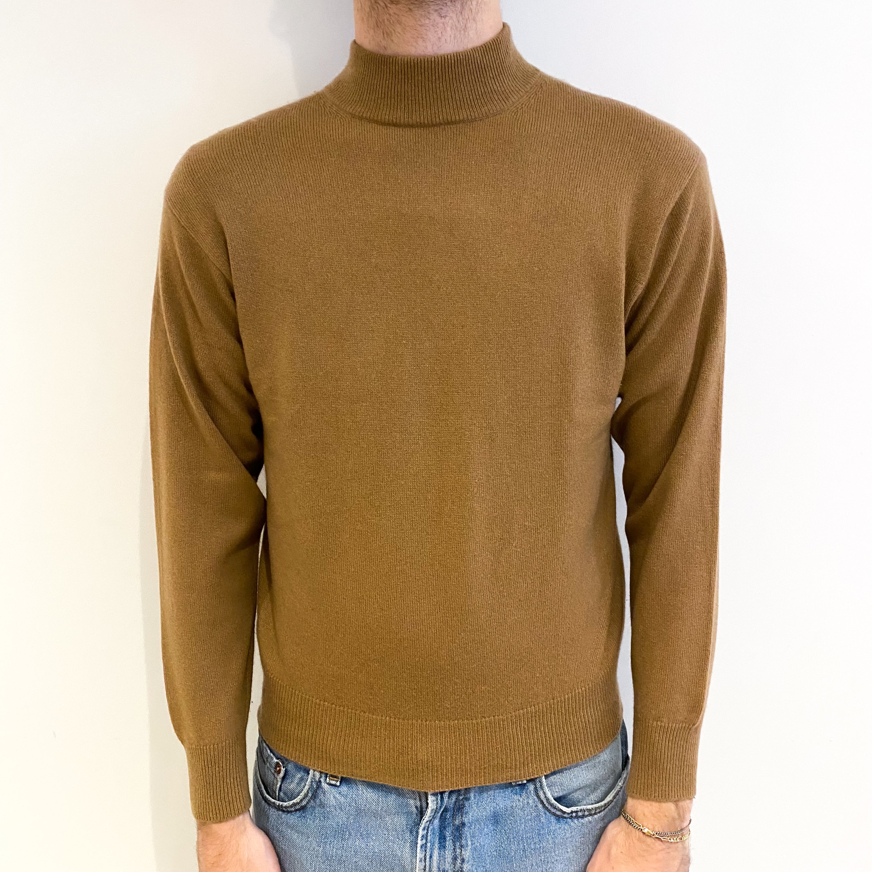 Men's Camel Brown Cashmere Turtle Neck Jumper Medium