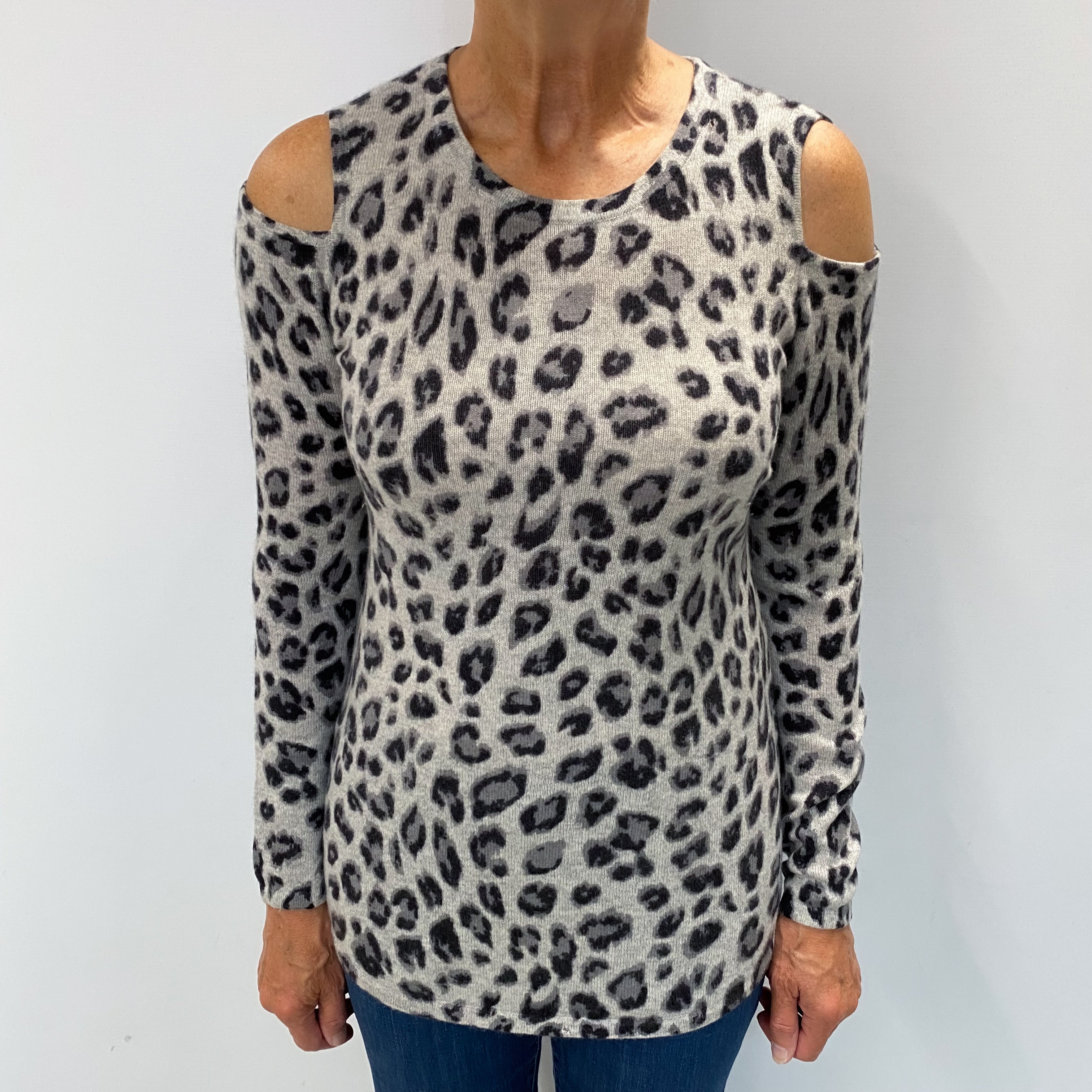 Grey Leopard Cashmere Open Shoulder Crew Neck Jumper Medium