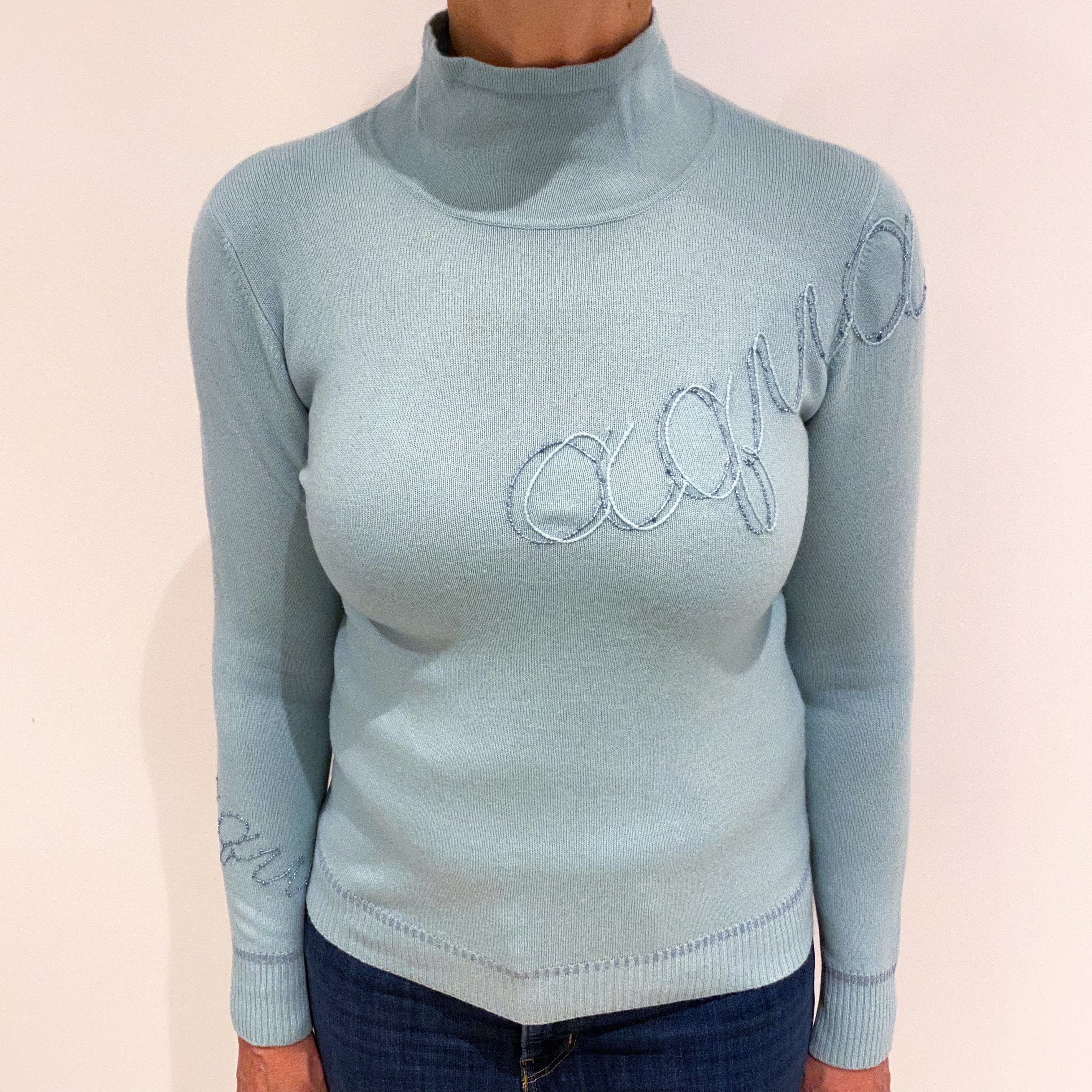 Mint Green Slogan Cashmere Funnel Neck Jumper Medium