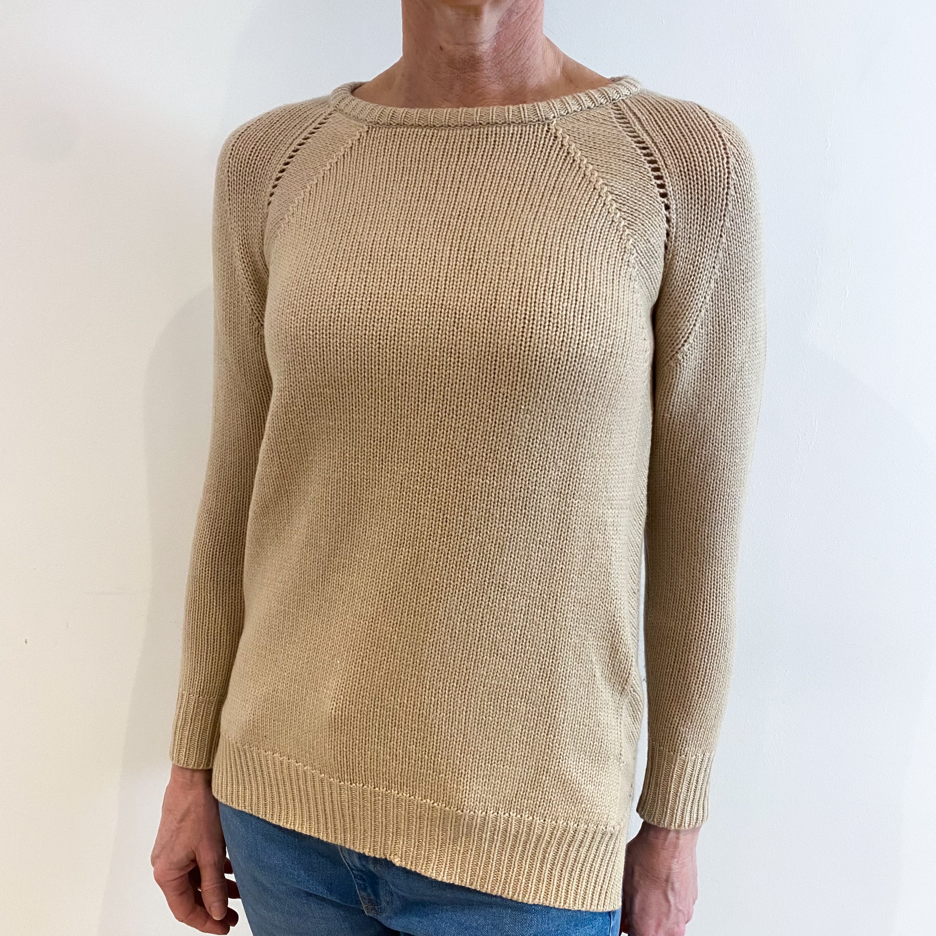 Beige Chunky Cashmere Crew Neck Jumper Small