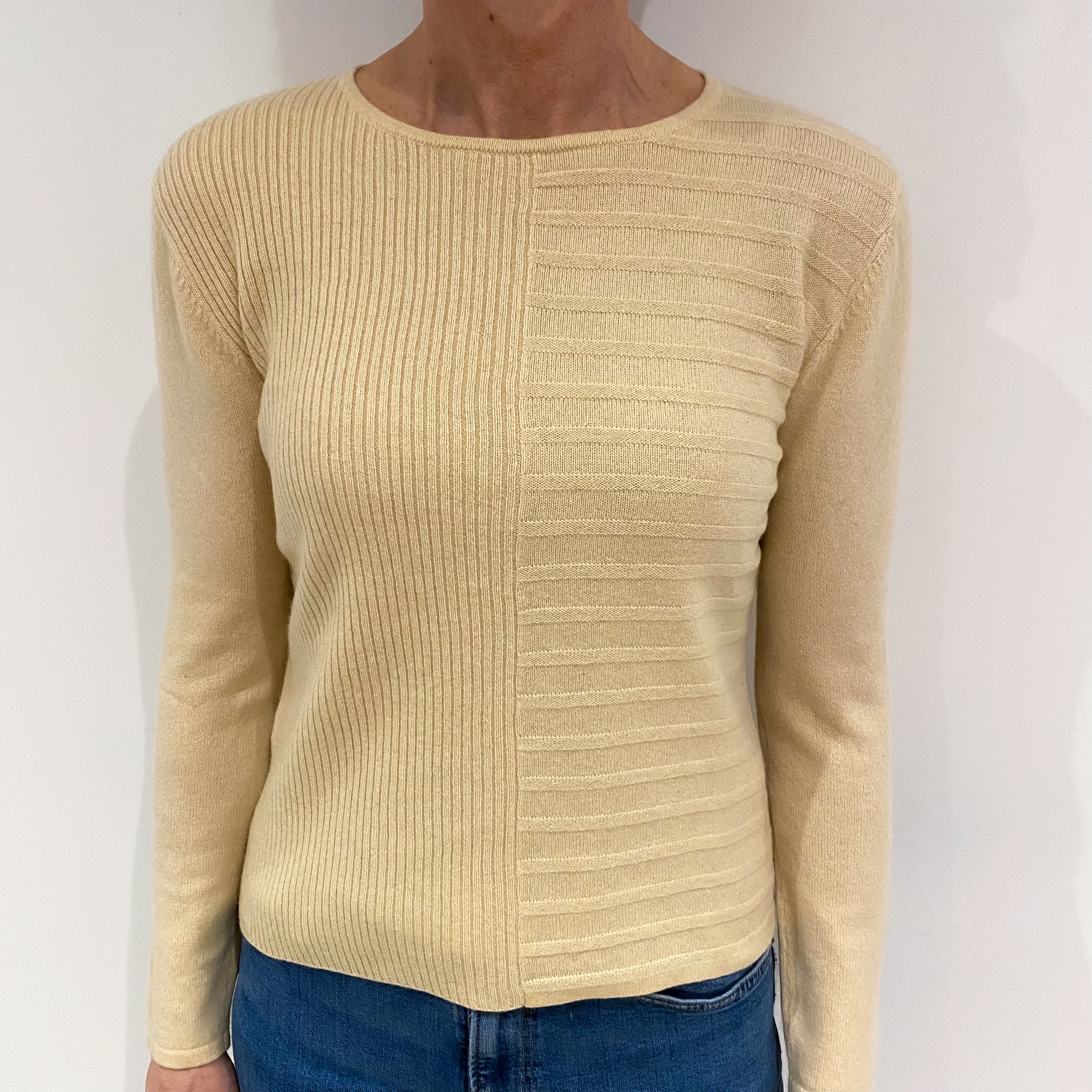 Warm Beige Rib Pattern Cashmere Crew Neck Jumper Small