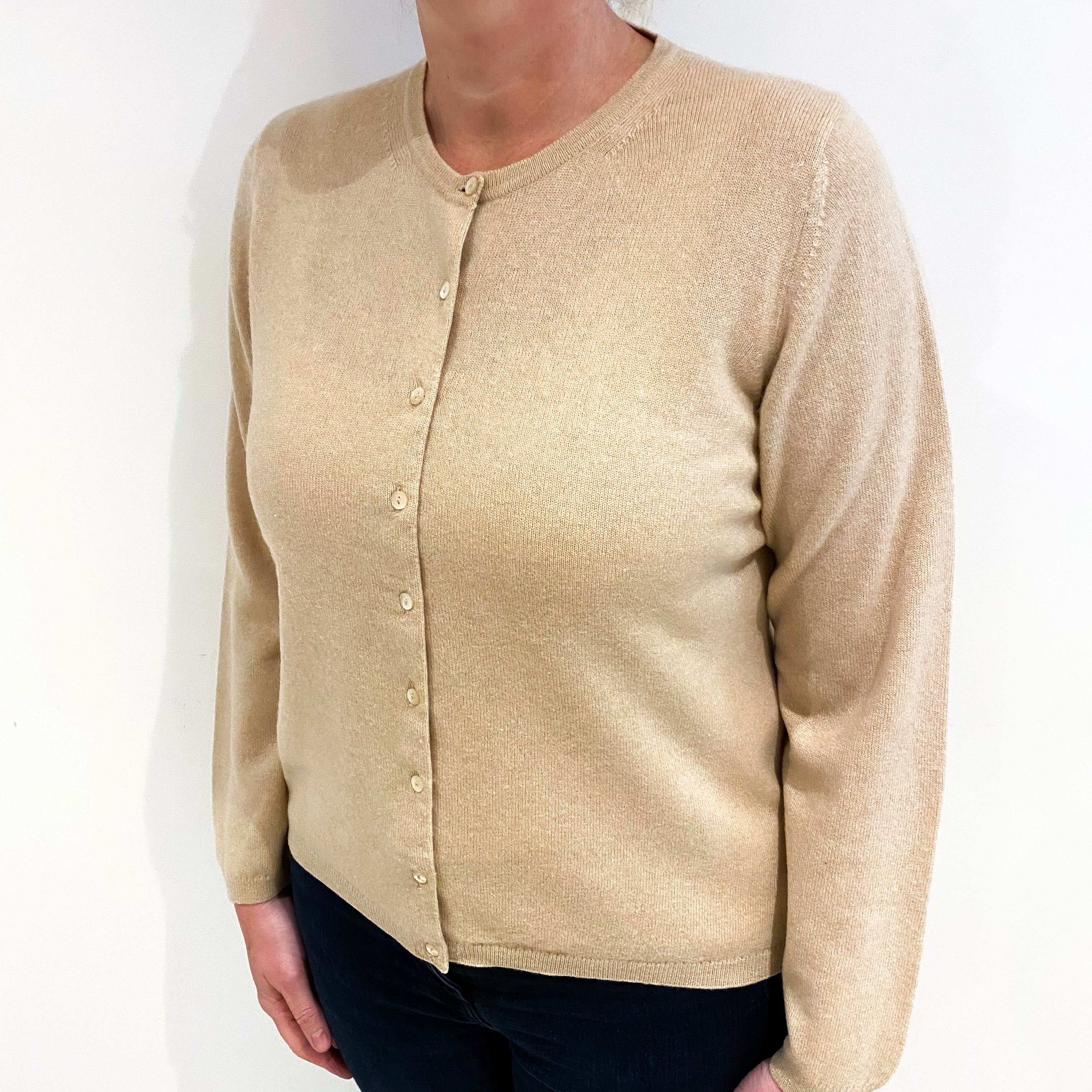 Sand Beige Cashmere Crew Neck Cardigan Large