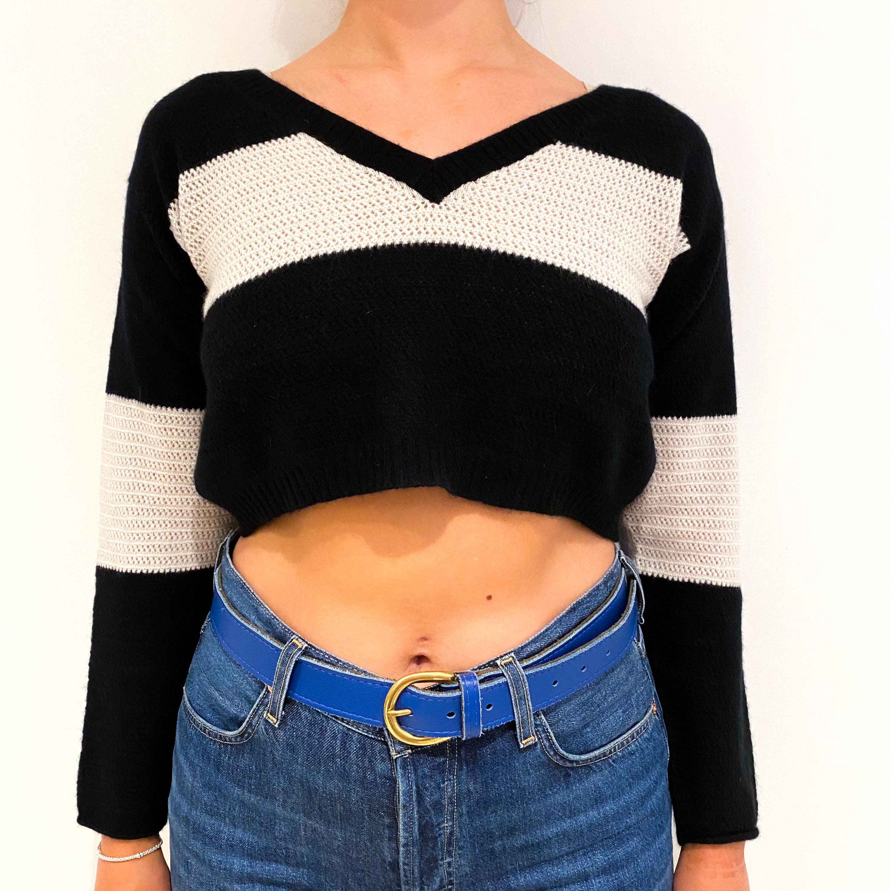 Black and White Striped Cropped Cashmere V-Neck Jumper Small