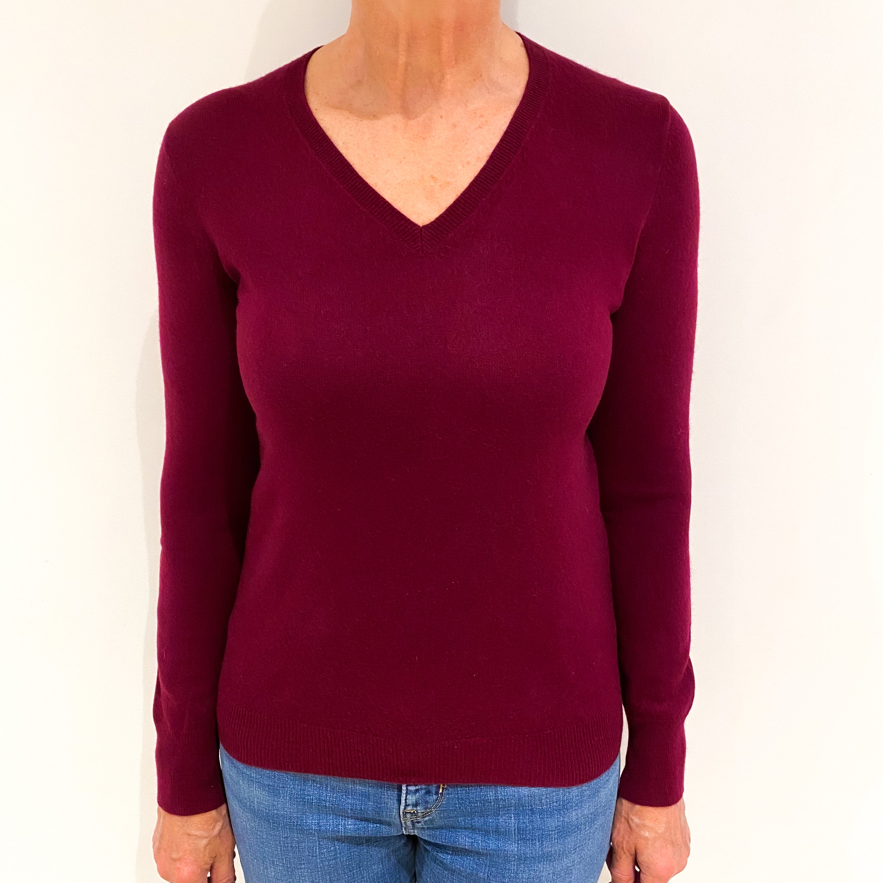 Wine Red Cashmere V Neck Jumper Medium