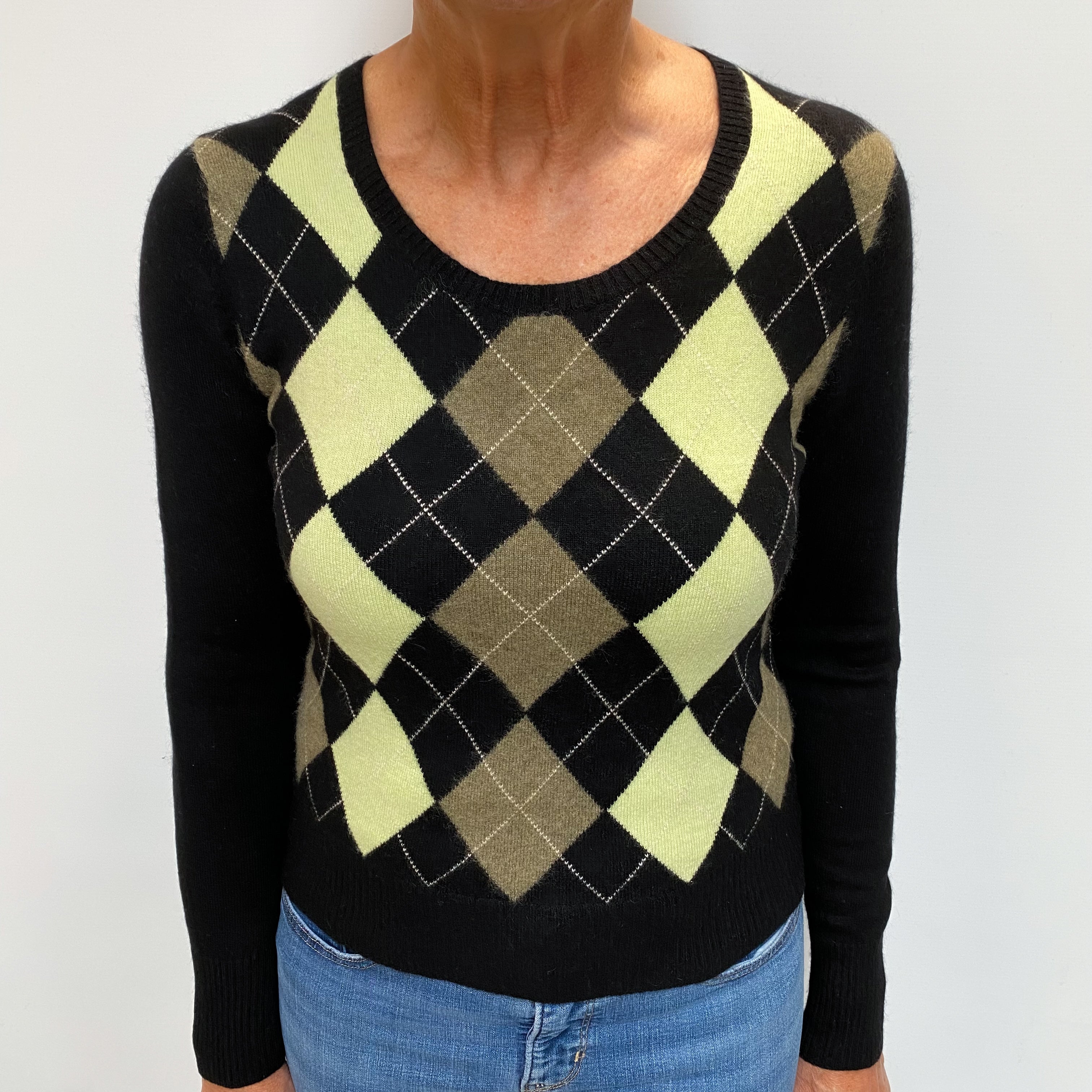 Black Argyle Cashmere Scoop Neck Jumper Medium