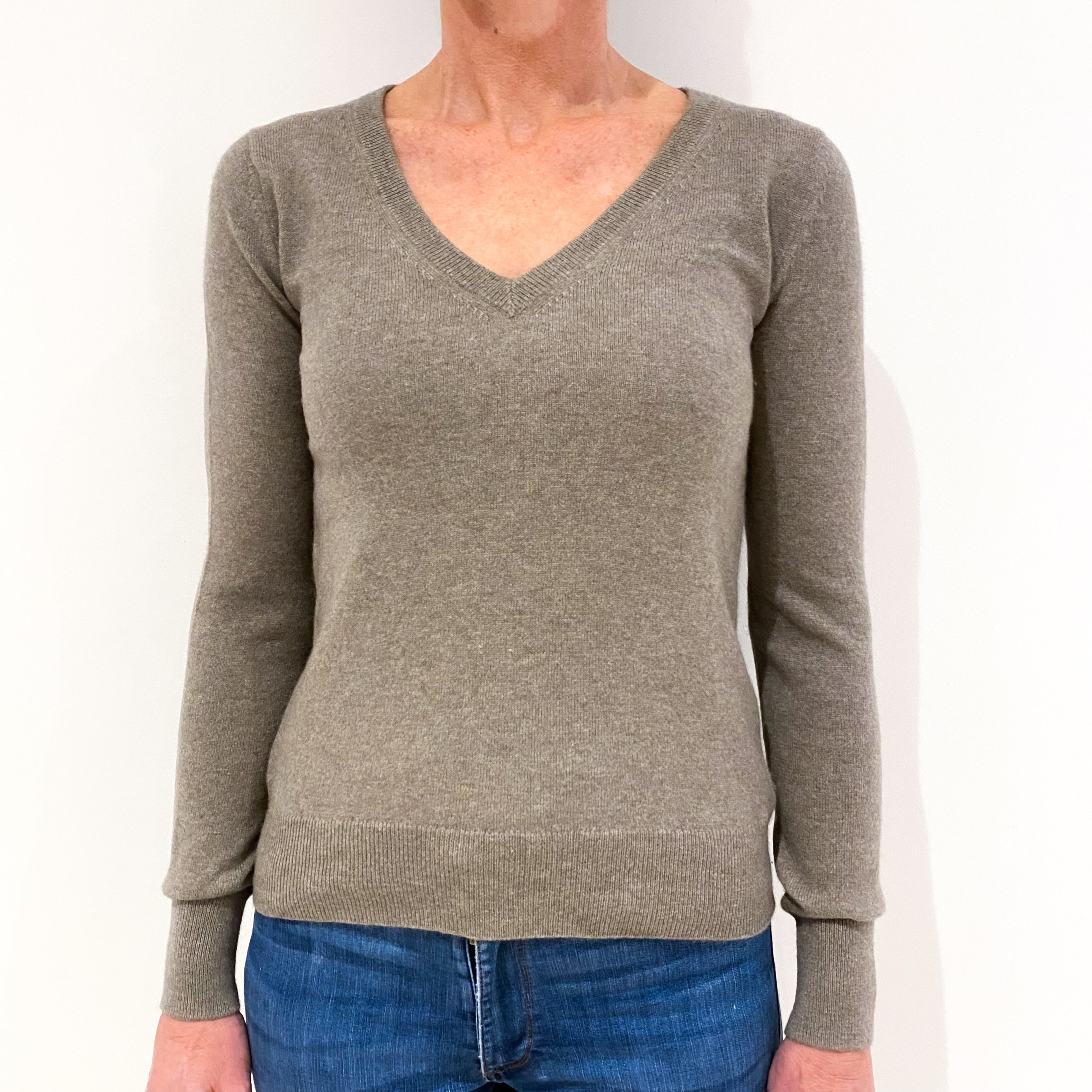 Fawn Brown Cashmere V-Neck Jumper Small