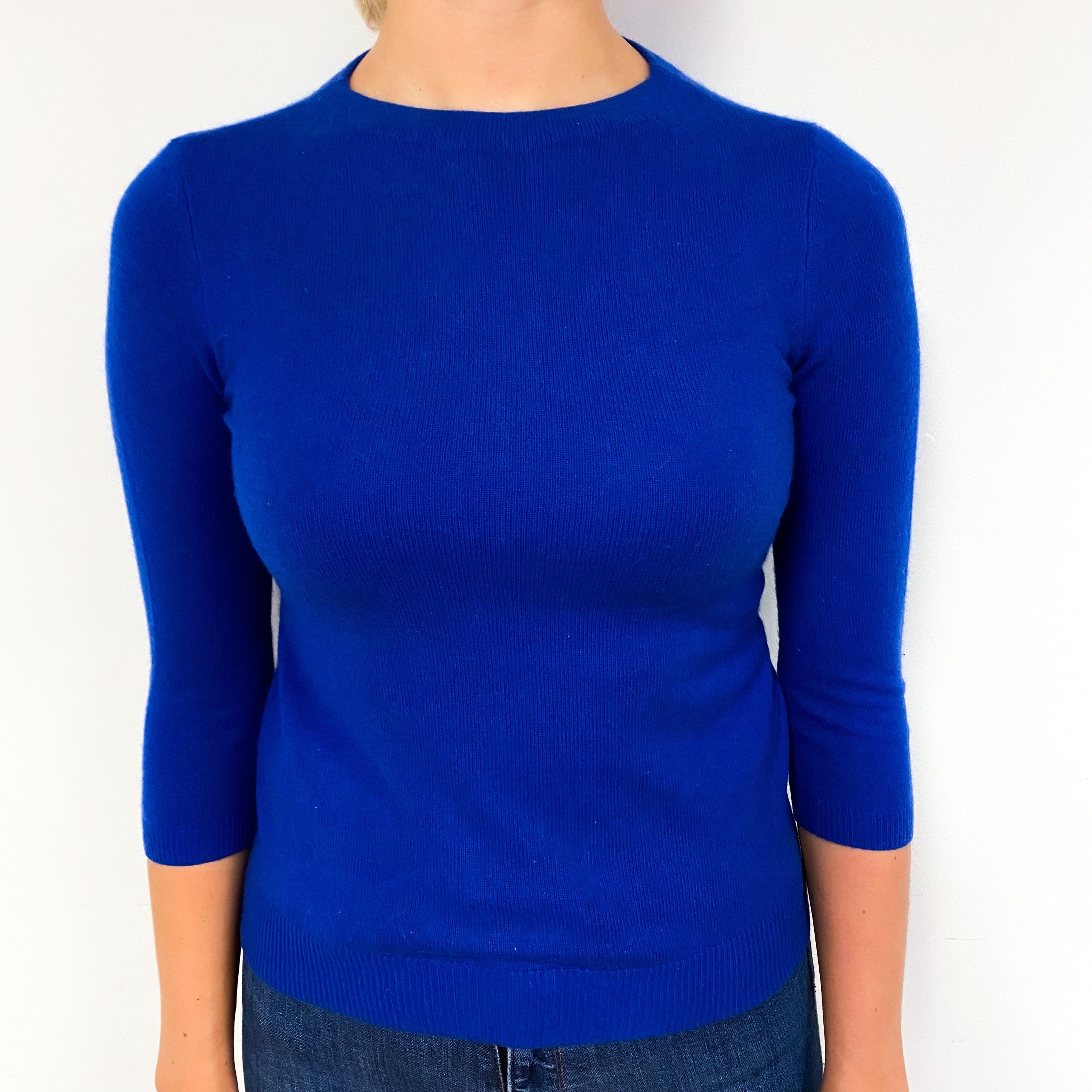 Azure Blue 3/4 Sleeve Cashmere Crew Neck Jumper Small