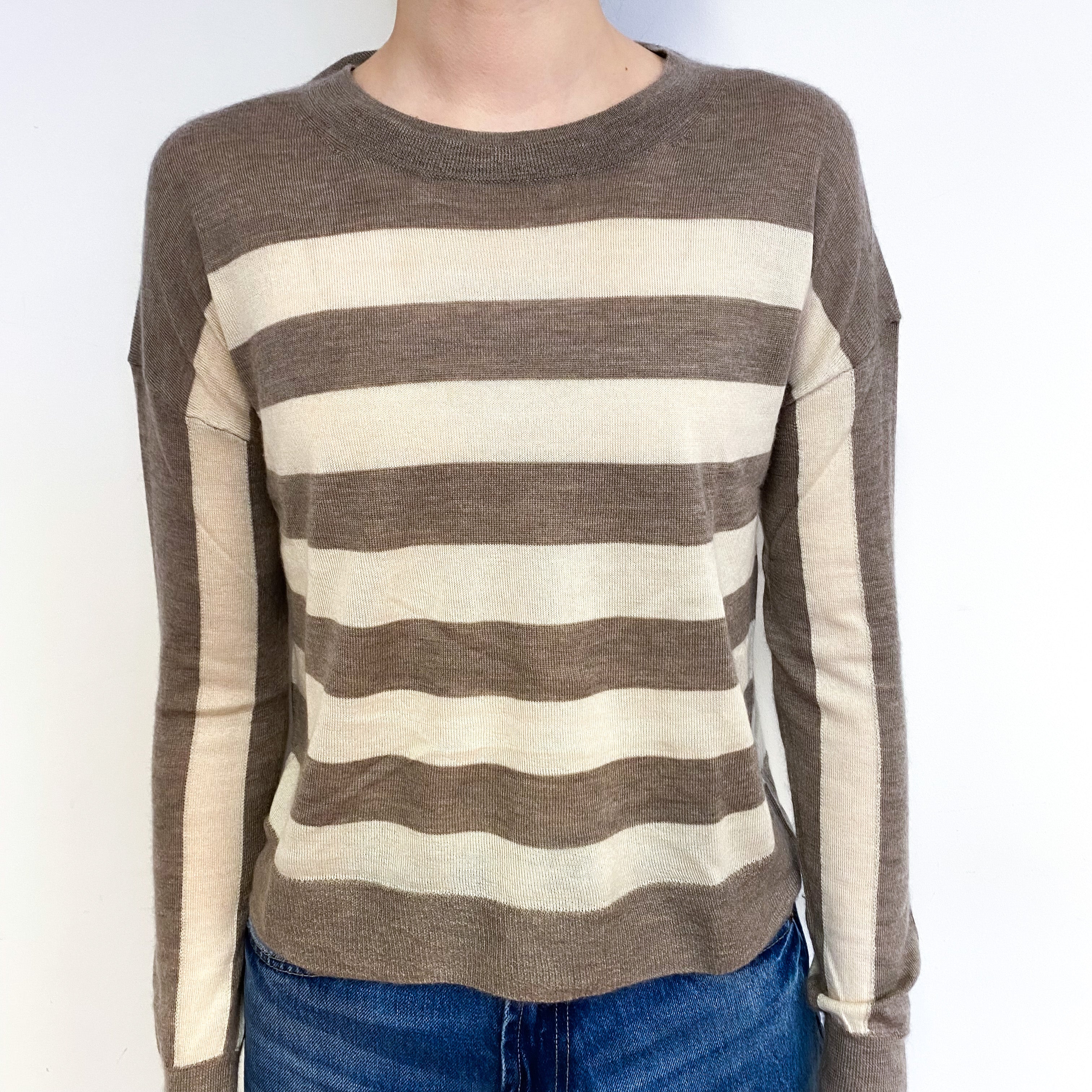 Mocha Stripe Fine Knit Cashmere Crew Neck Jumper Extra Small