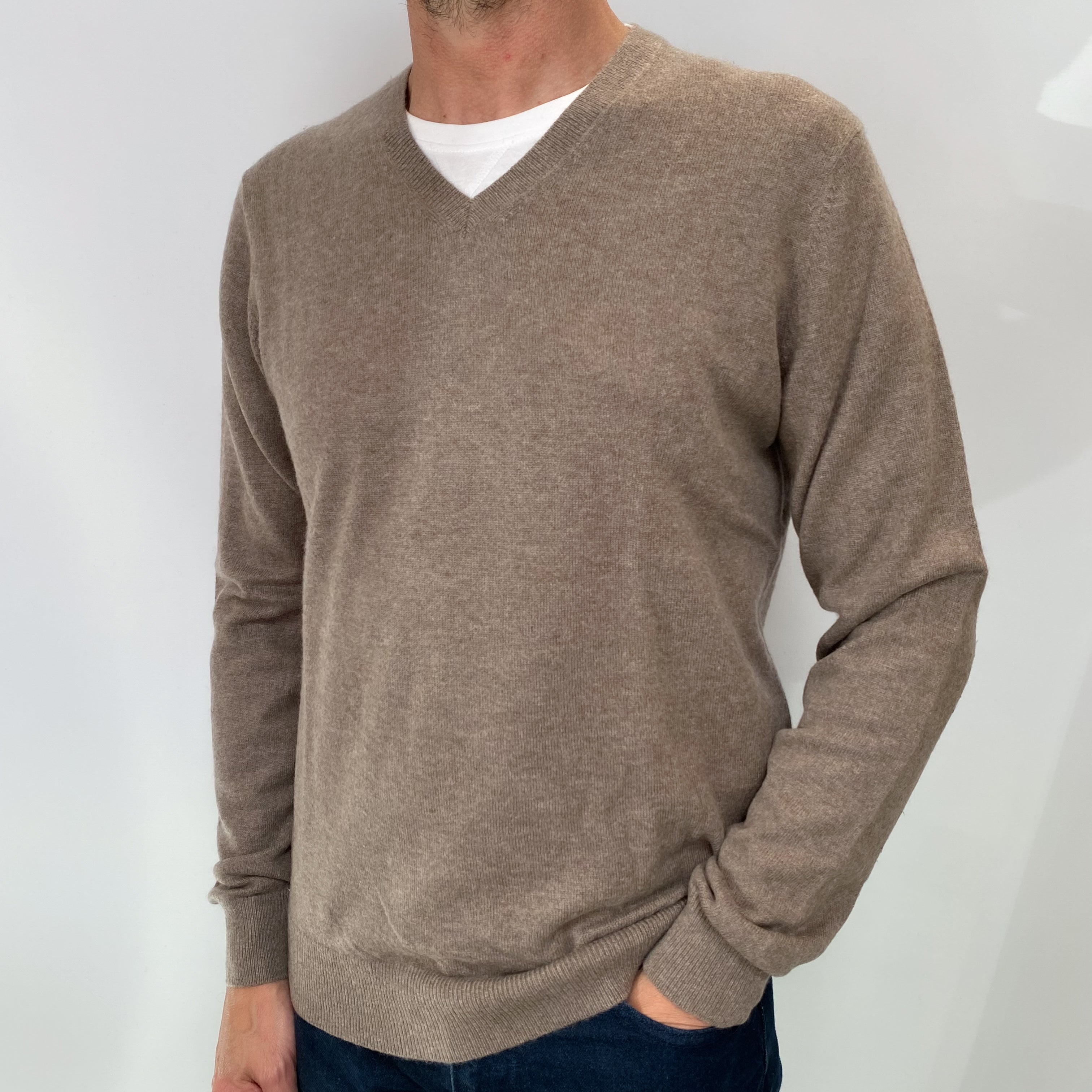 Taupe Brown Men's Cashmere V Neck Jumper Small