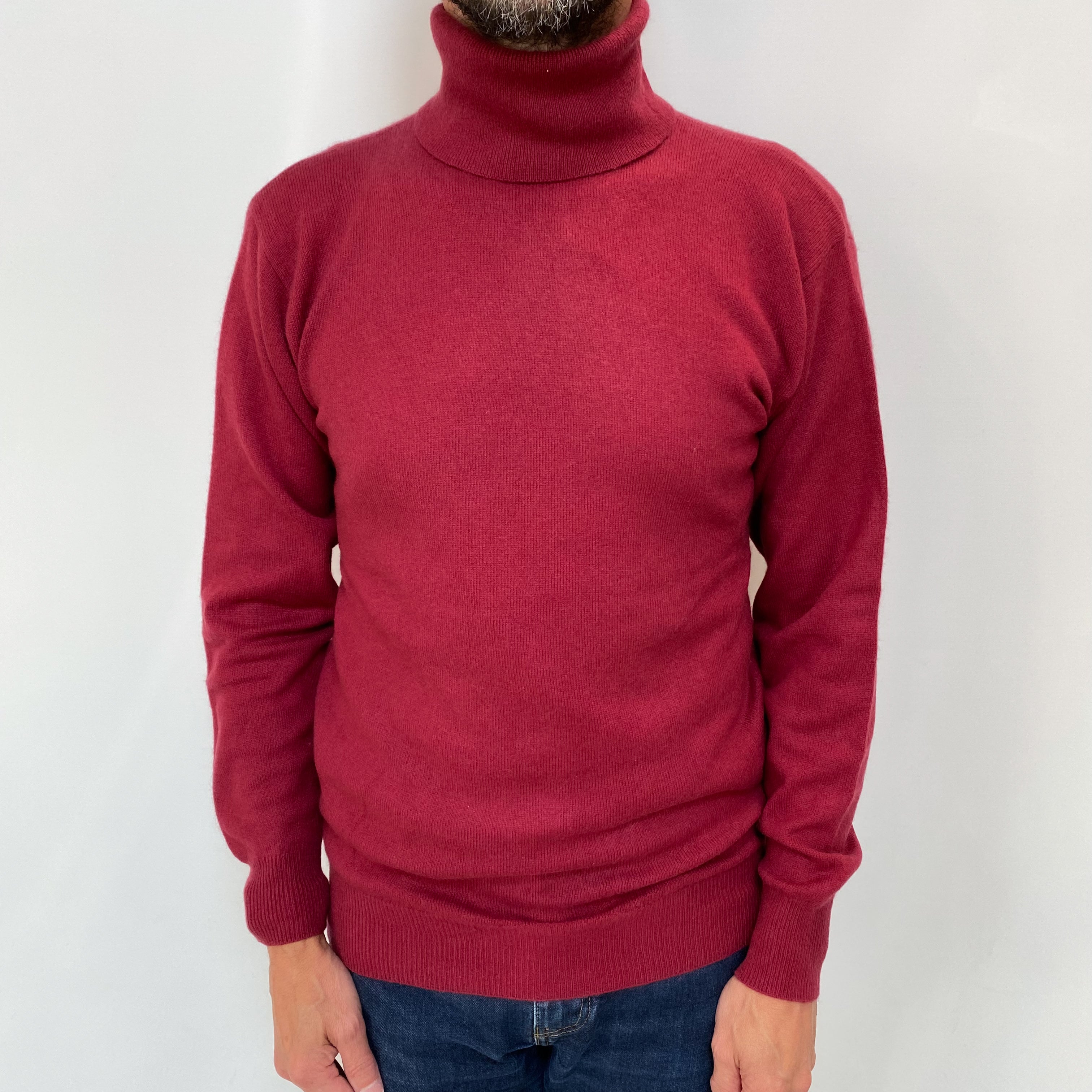 Men's Ruby Red Cashmere Polo Neck Jumper Small