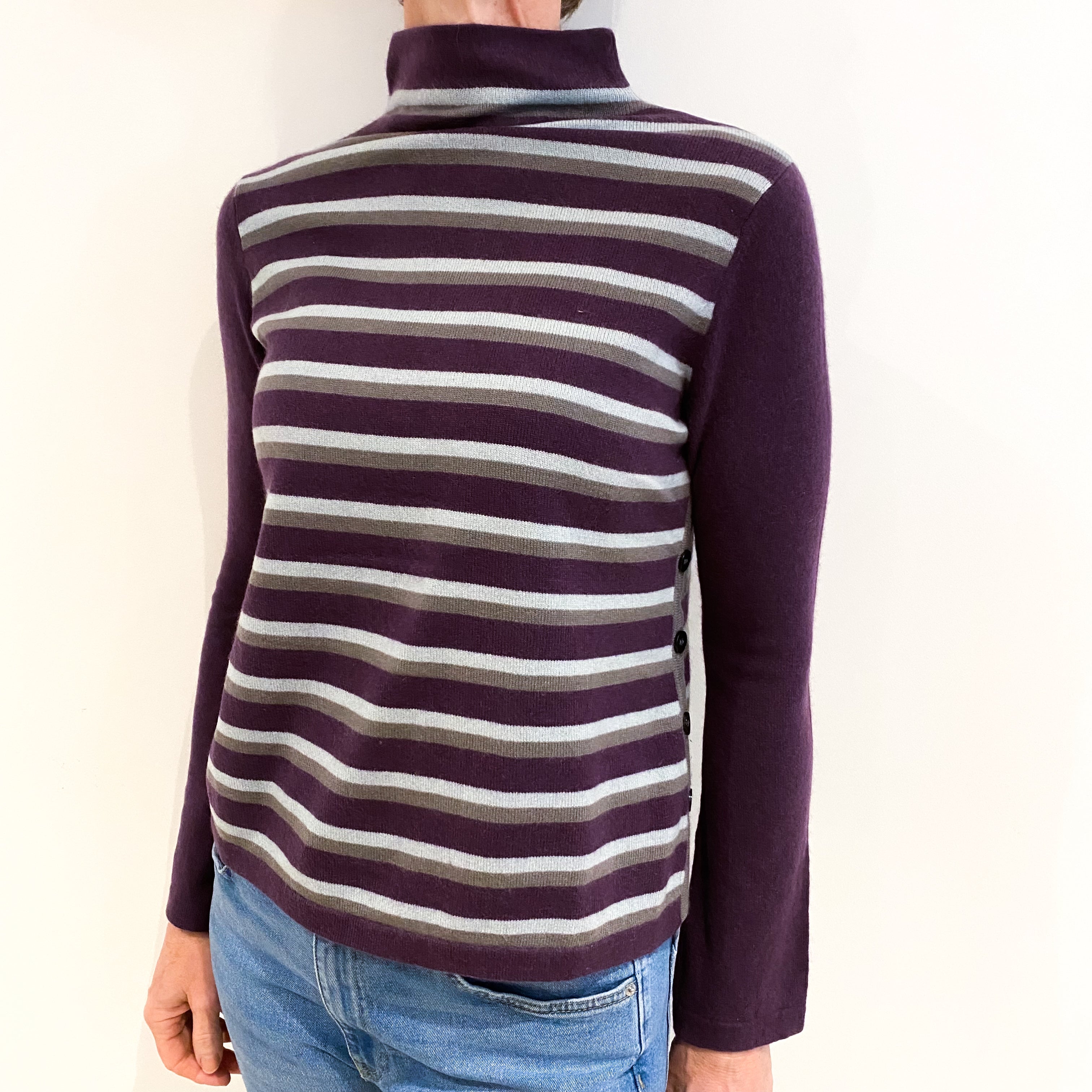 Purple And Mint Stripe Cashmere Turtle Neck Jumper Small