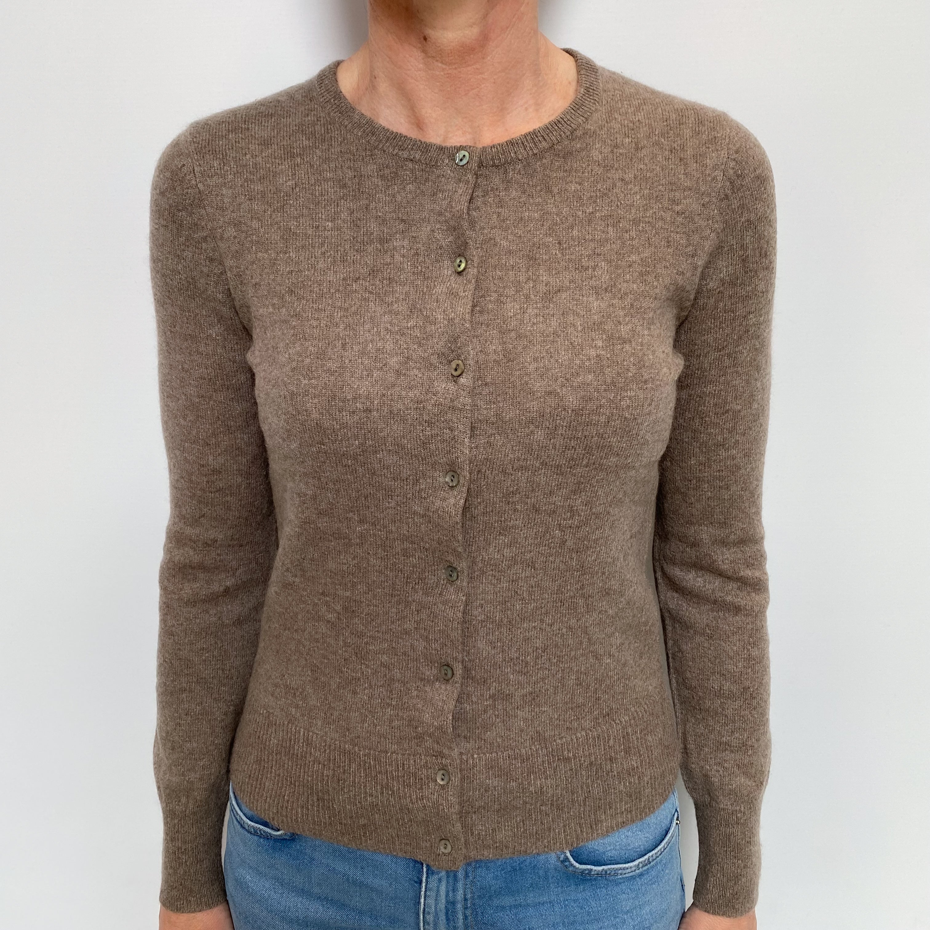 Mocha Brown Cashmere Crew Neck Cardigan Small