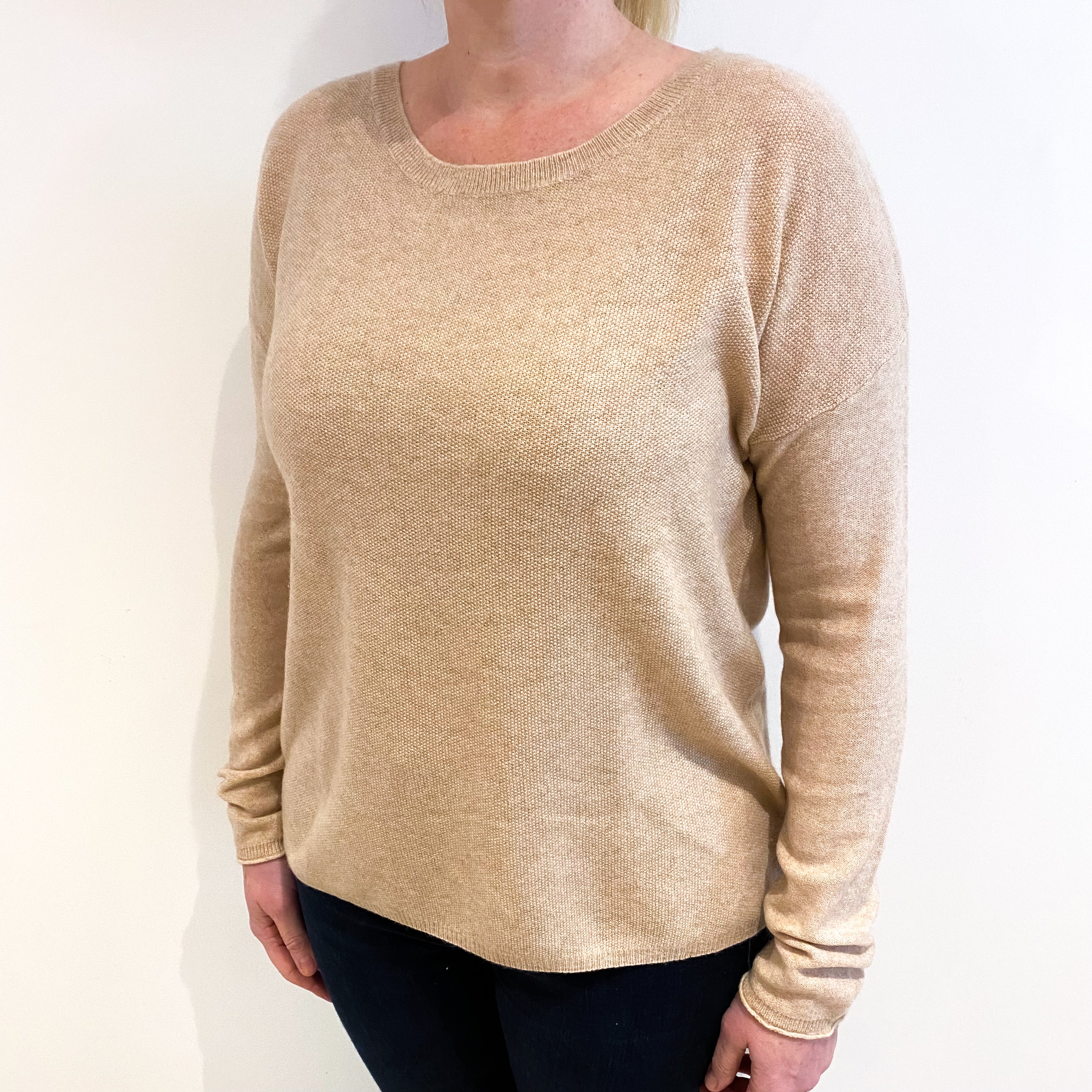 Buff Beige Textured Cashmere Scoop Neck Jumper Large