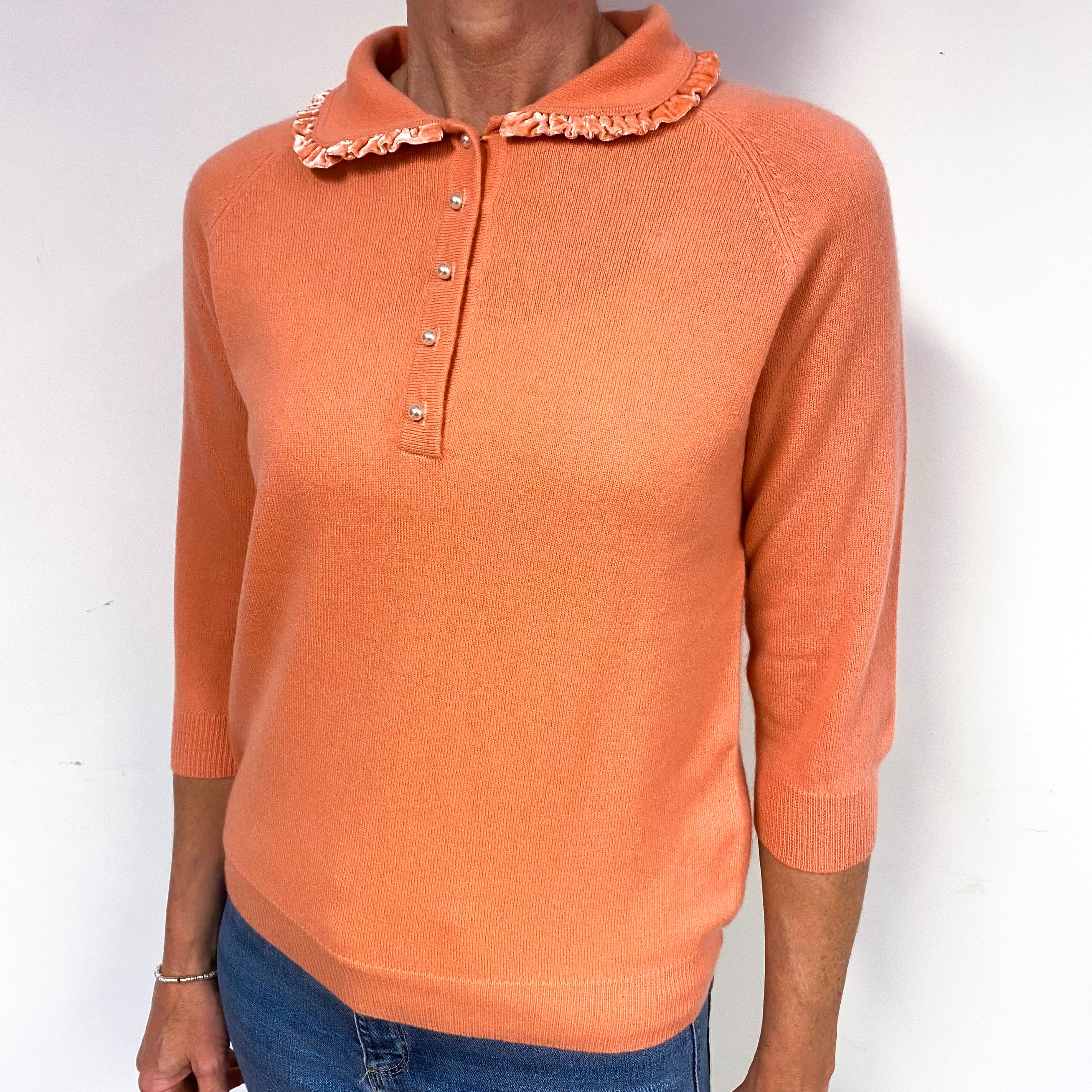 Coral Orange Cashmere Velvet Trim Collared Jumper Medium