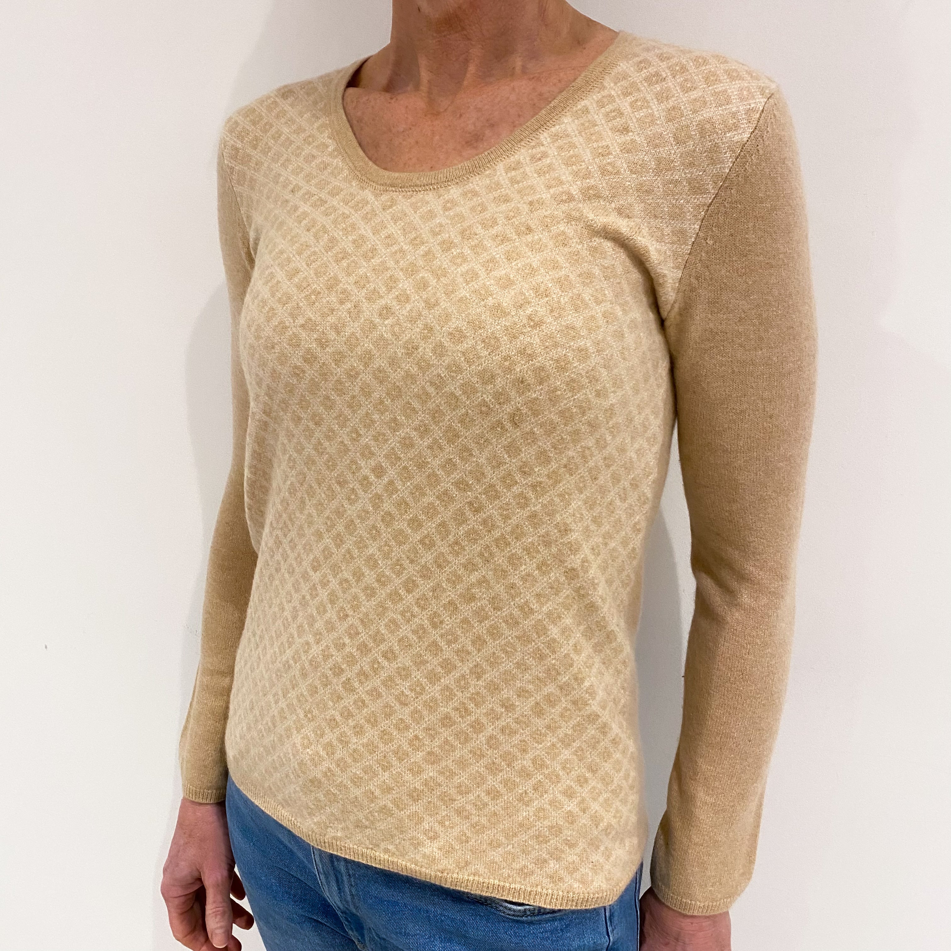 Cream and Sand Brown Cashmere Deep Crew Neck Jumper Small