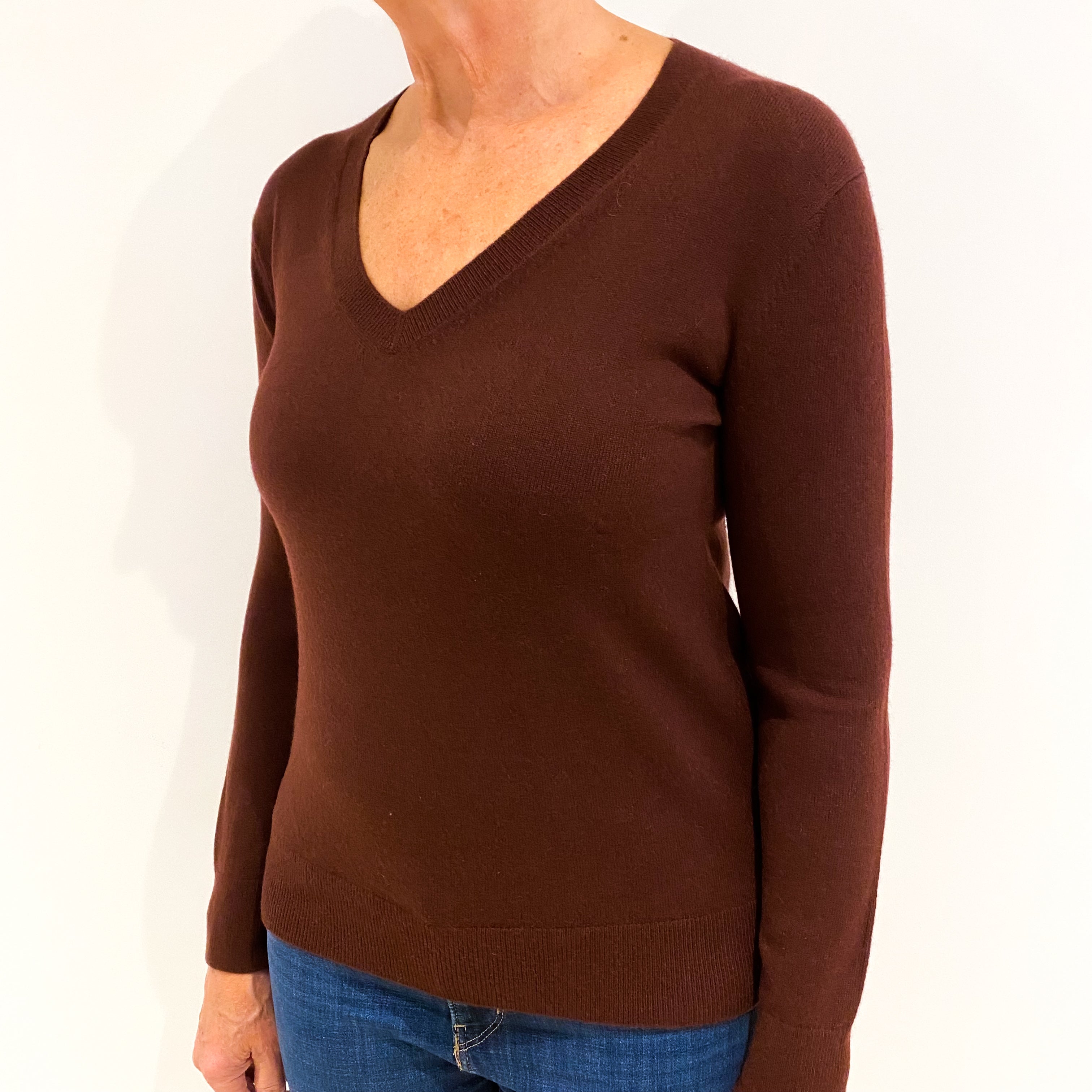 Umber Brown Cashmere V-Neck Jumper Medium