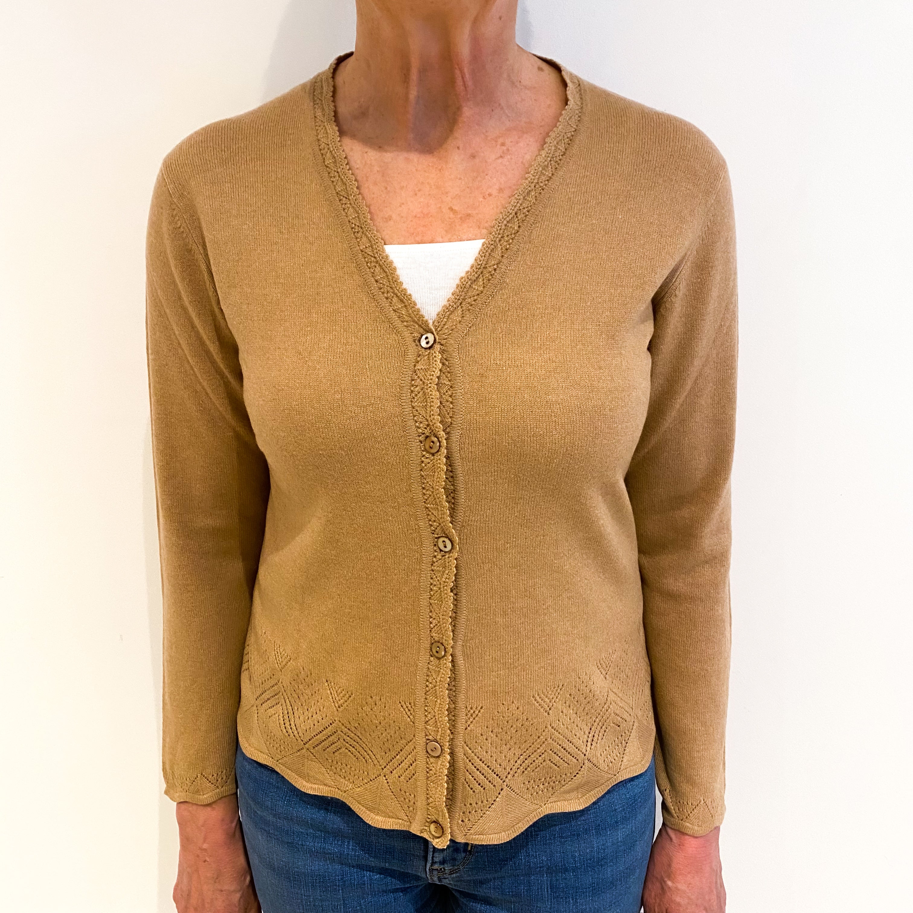 Caramel Brown Cashmere V Neck Lace Knit Trim Cardigan Medium