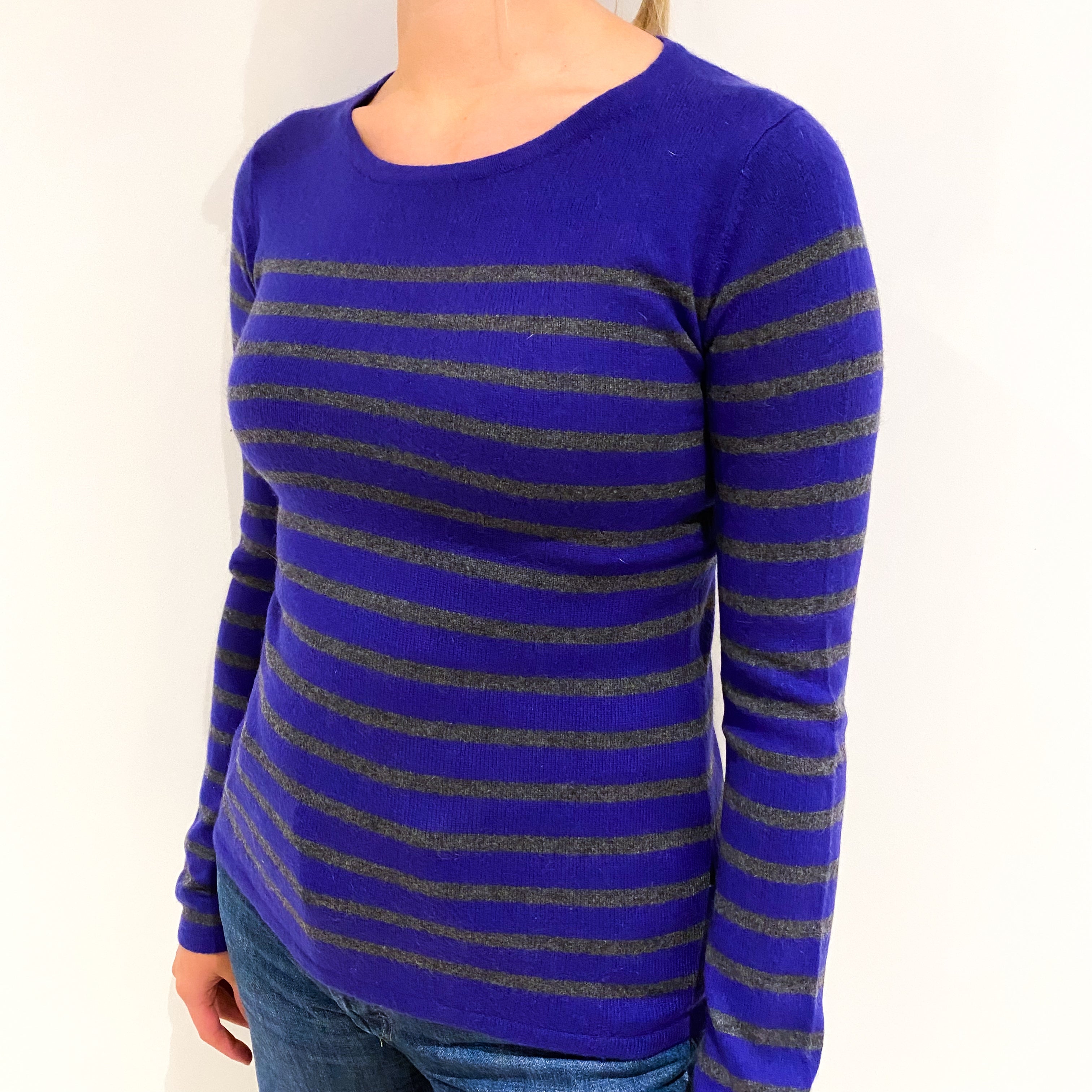 Indigo Purple Grey Stripe Cashmere Crew Neck Jumper Small