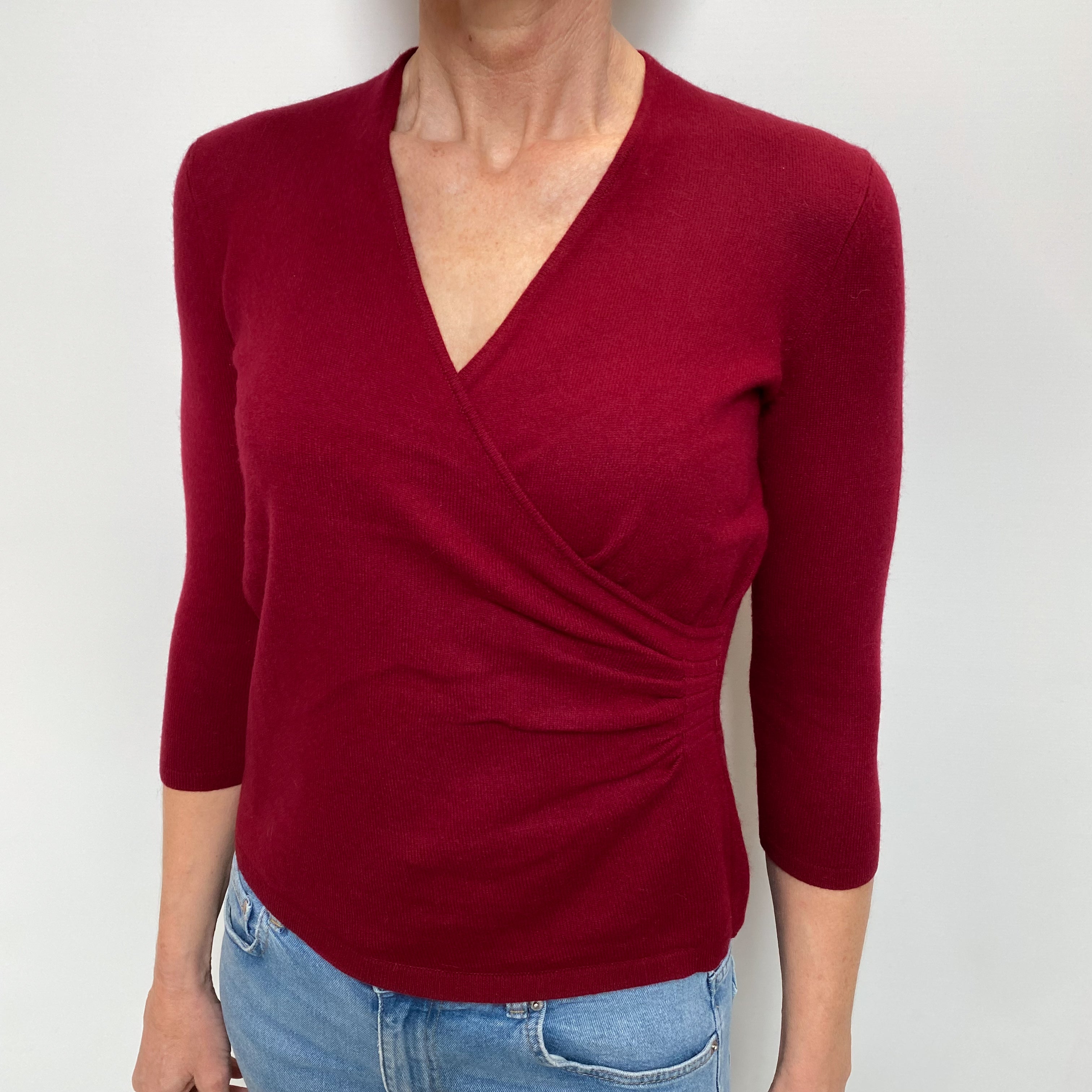 Burgundy Red Cashmere Cross Over V Neck Jumper Small