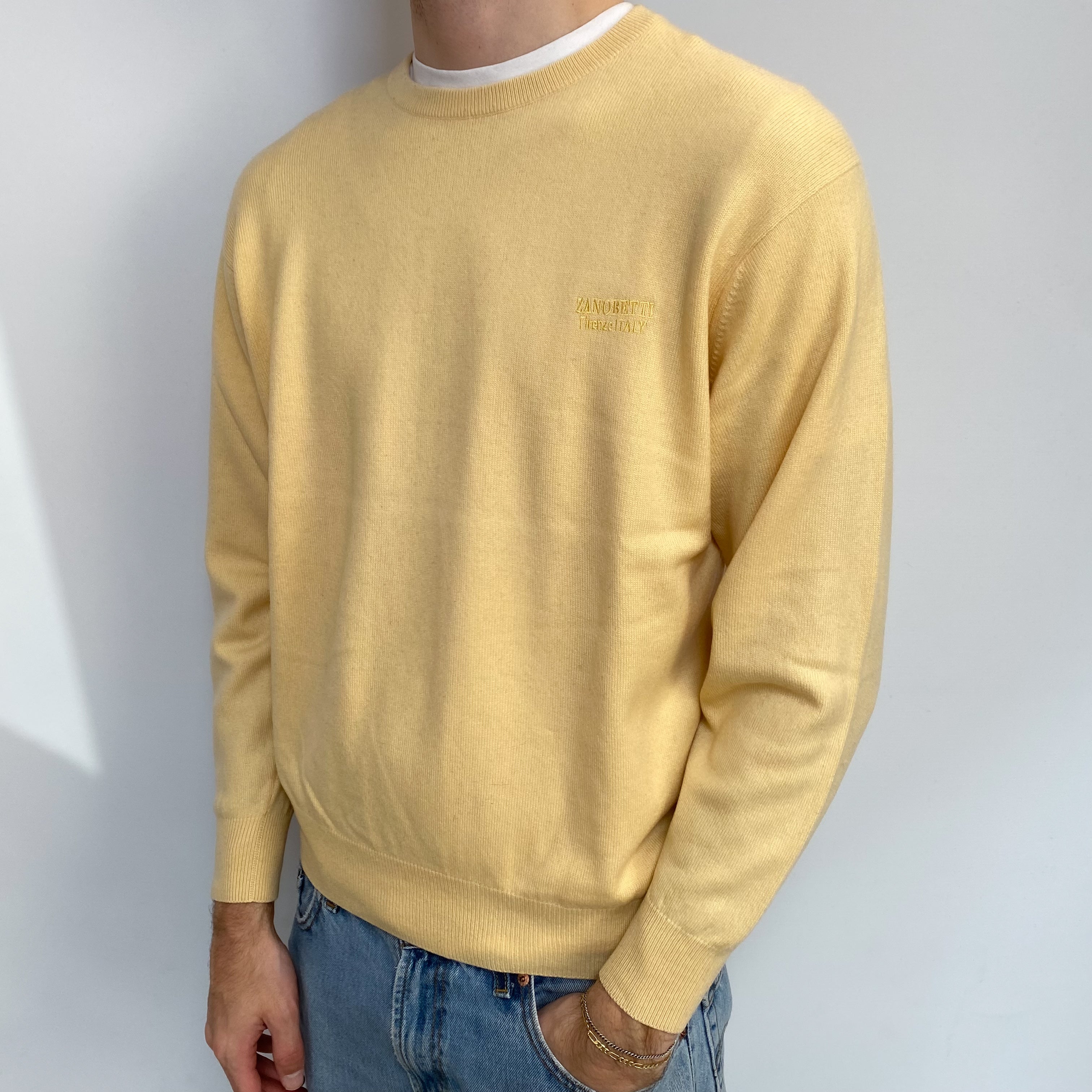 Men's Custard Yellow Cashmere Crew Neck Jumper Large