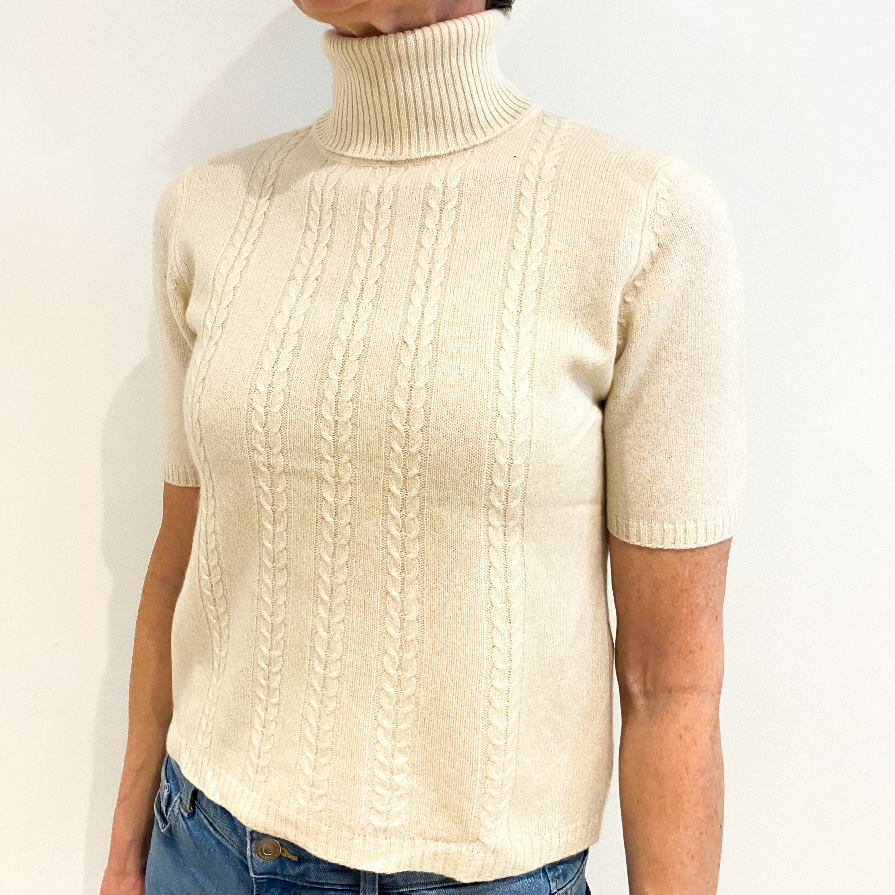 Vanilla Cream Cashmere Polo Neck Short Sleeved Jumper Small