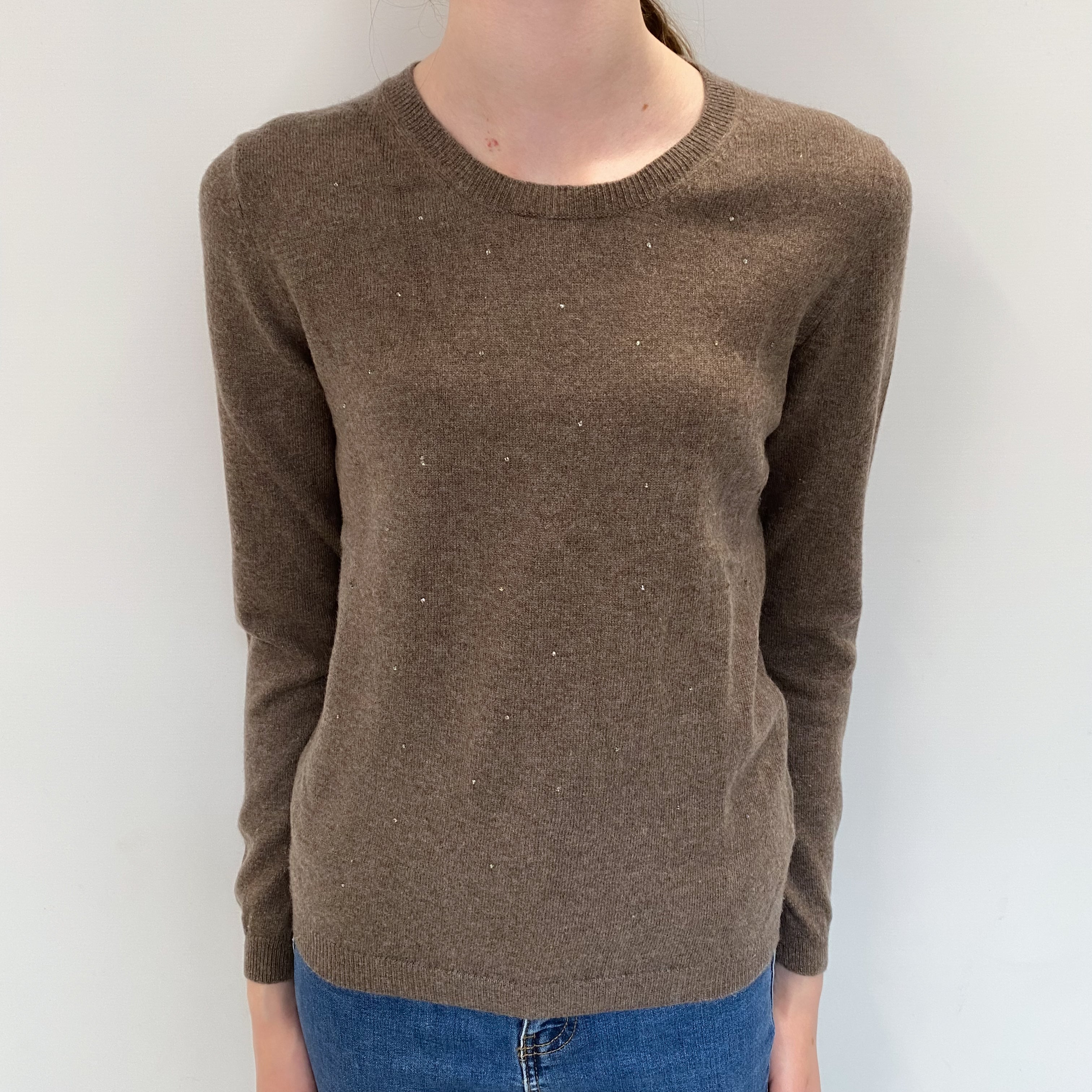 Mocha Brown Sparkly Cashmere Crew Neck Jumper Extra Small