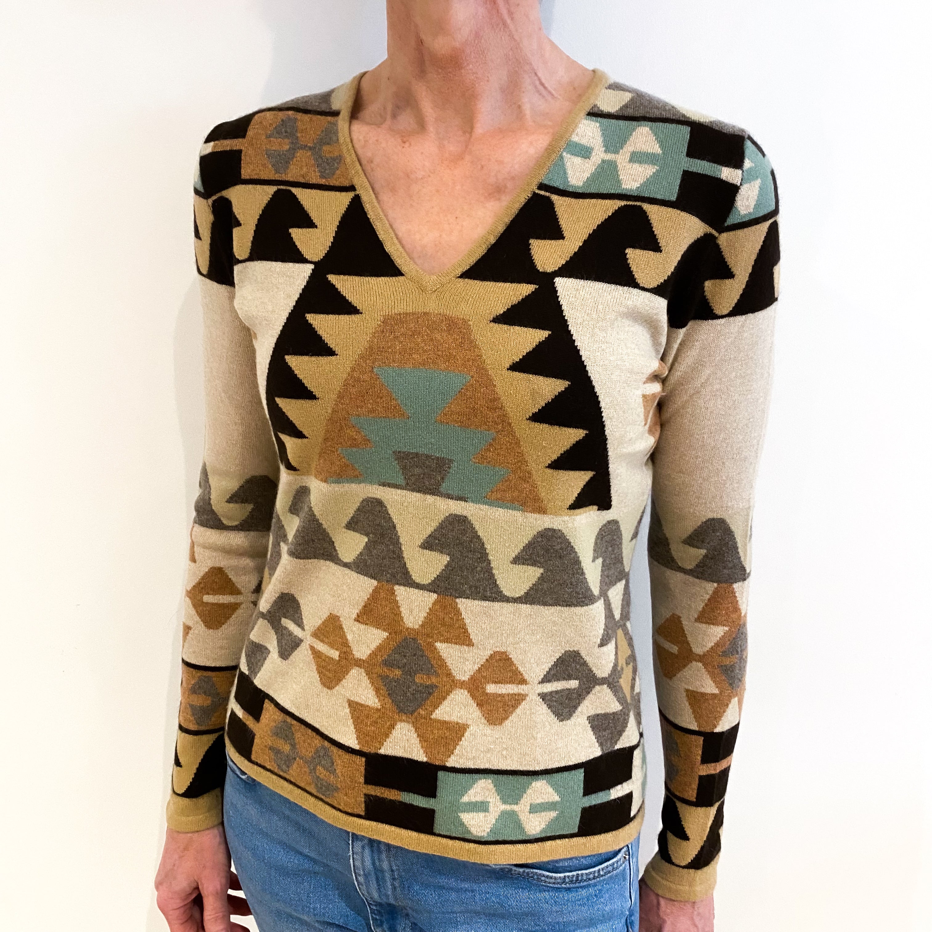 Butterscotch Brown Aztec Patterned Cashmere V Neck Jumper Small