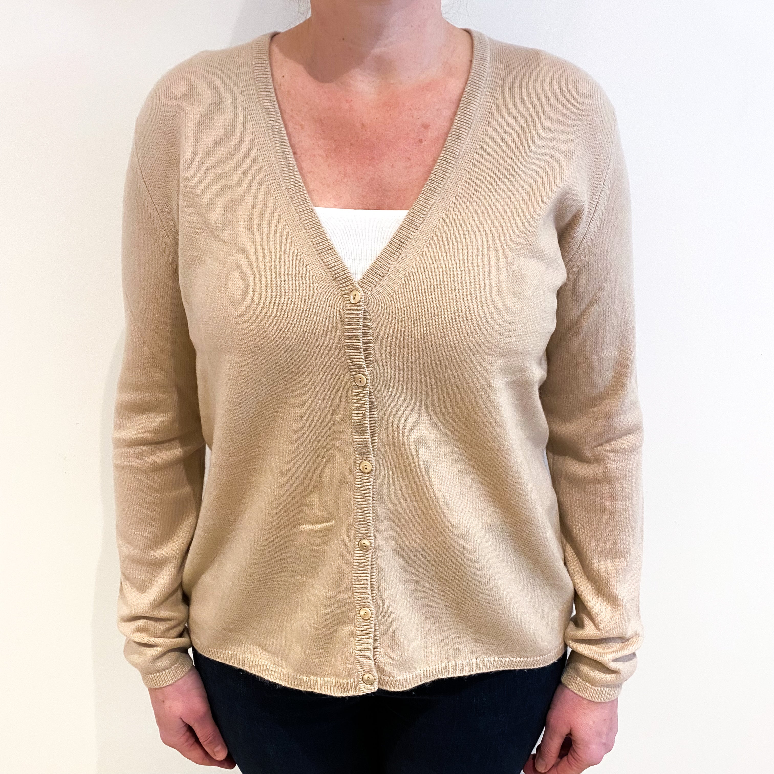 Buff Beige Cashmere V Neck Cardigan Large