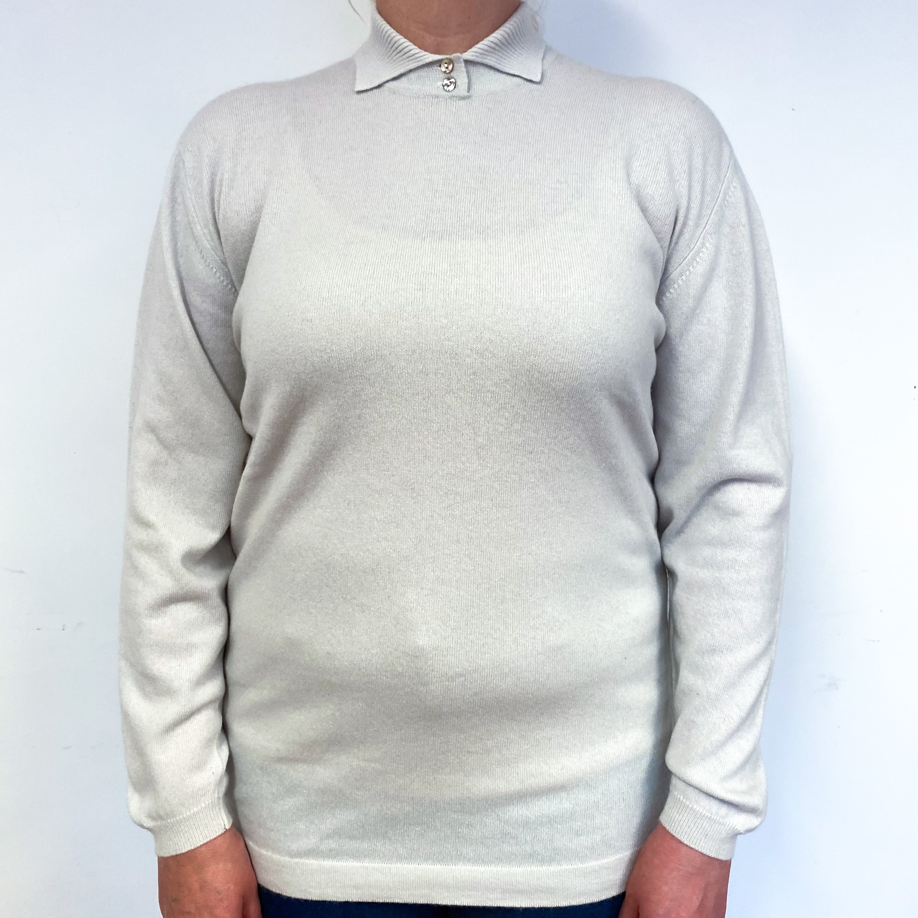 New Scottish Alabaster White Cashmere Collared Jumper Large