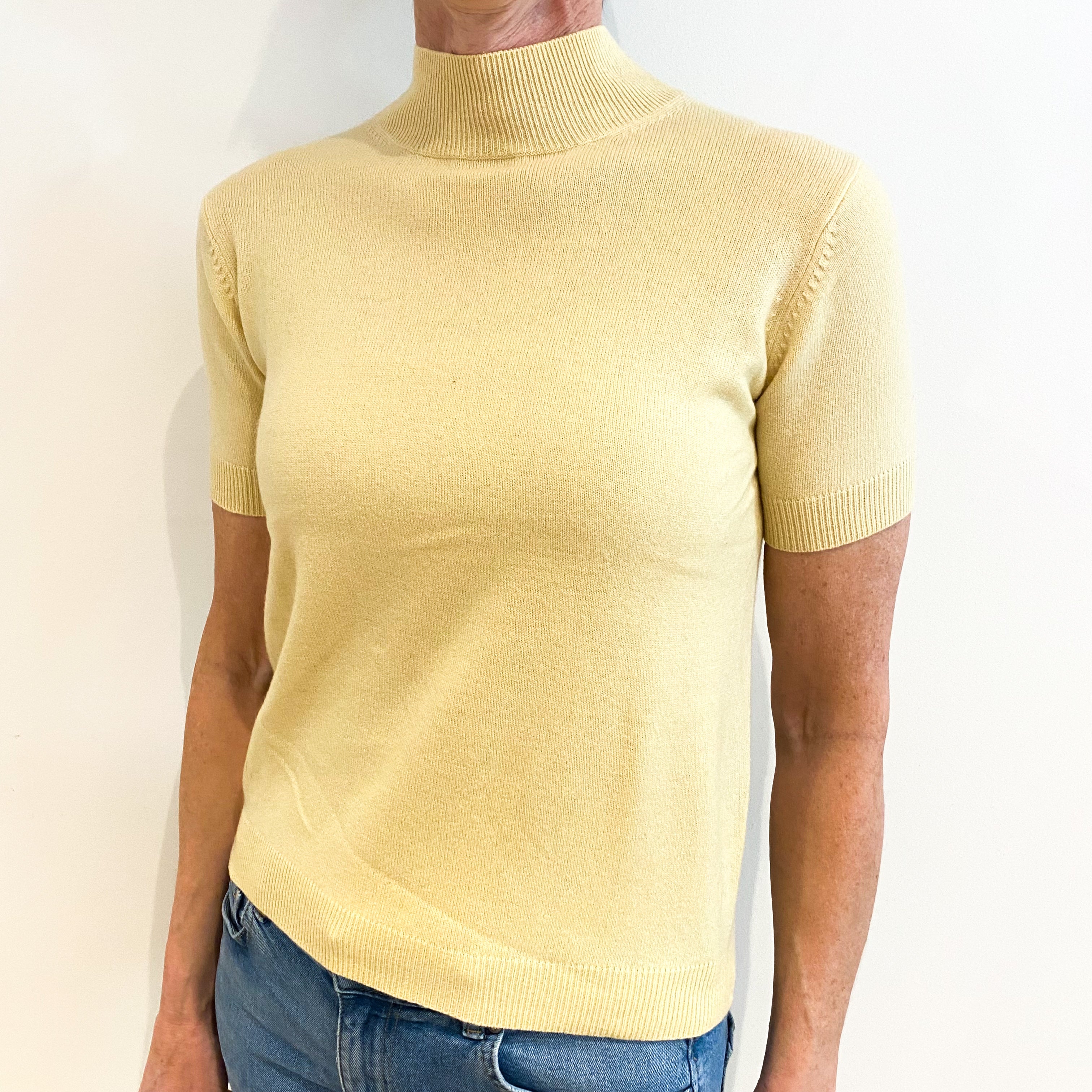 Primrose Yellow Cashmere Turtle Neck Short Sleeved Jumper Small