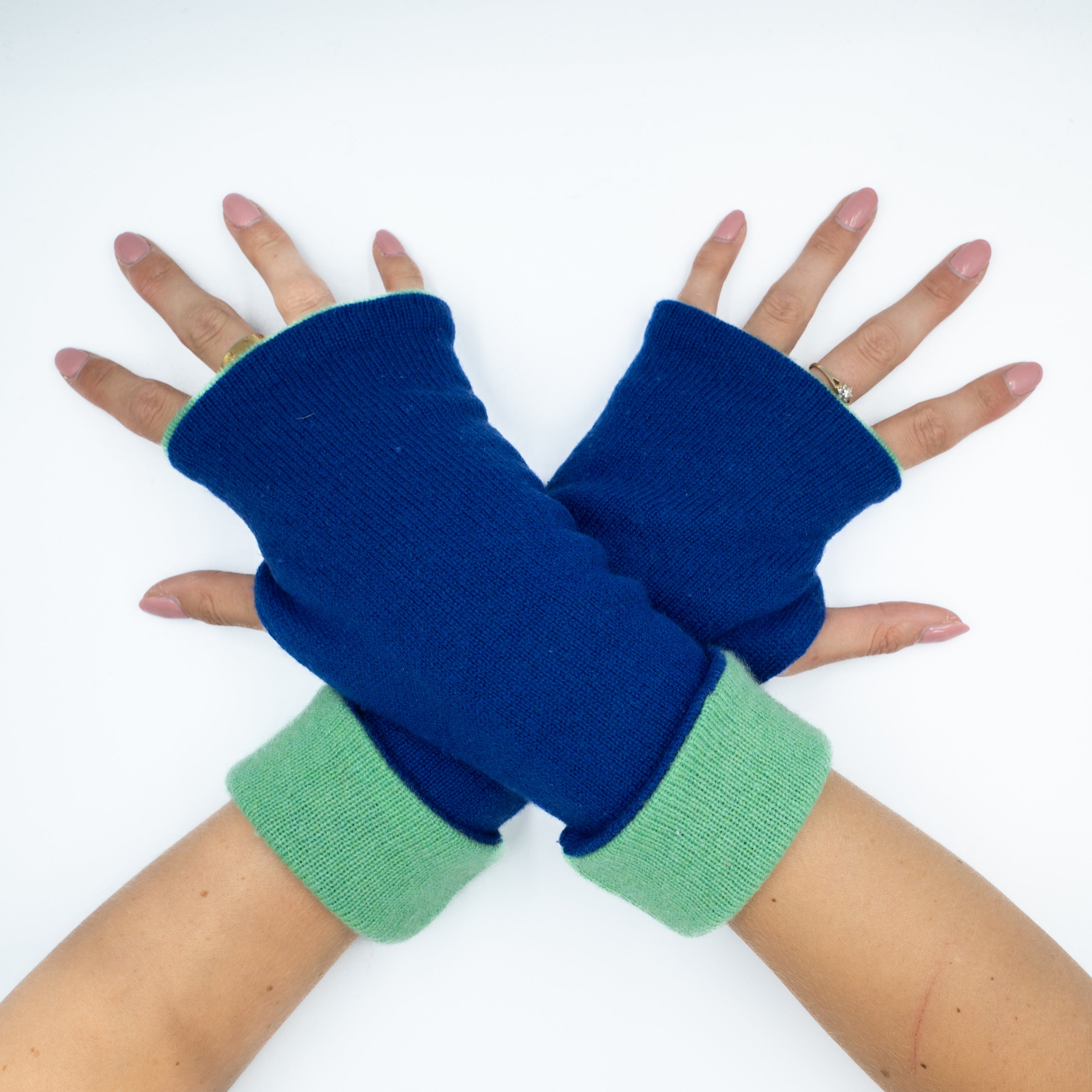 Royal Blue and Bright Green Luxury Reversible Cashmere Fingerless Gloves