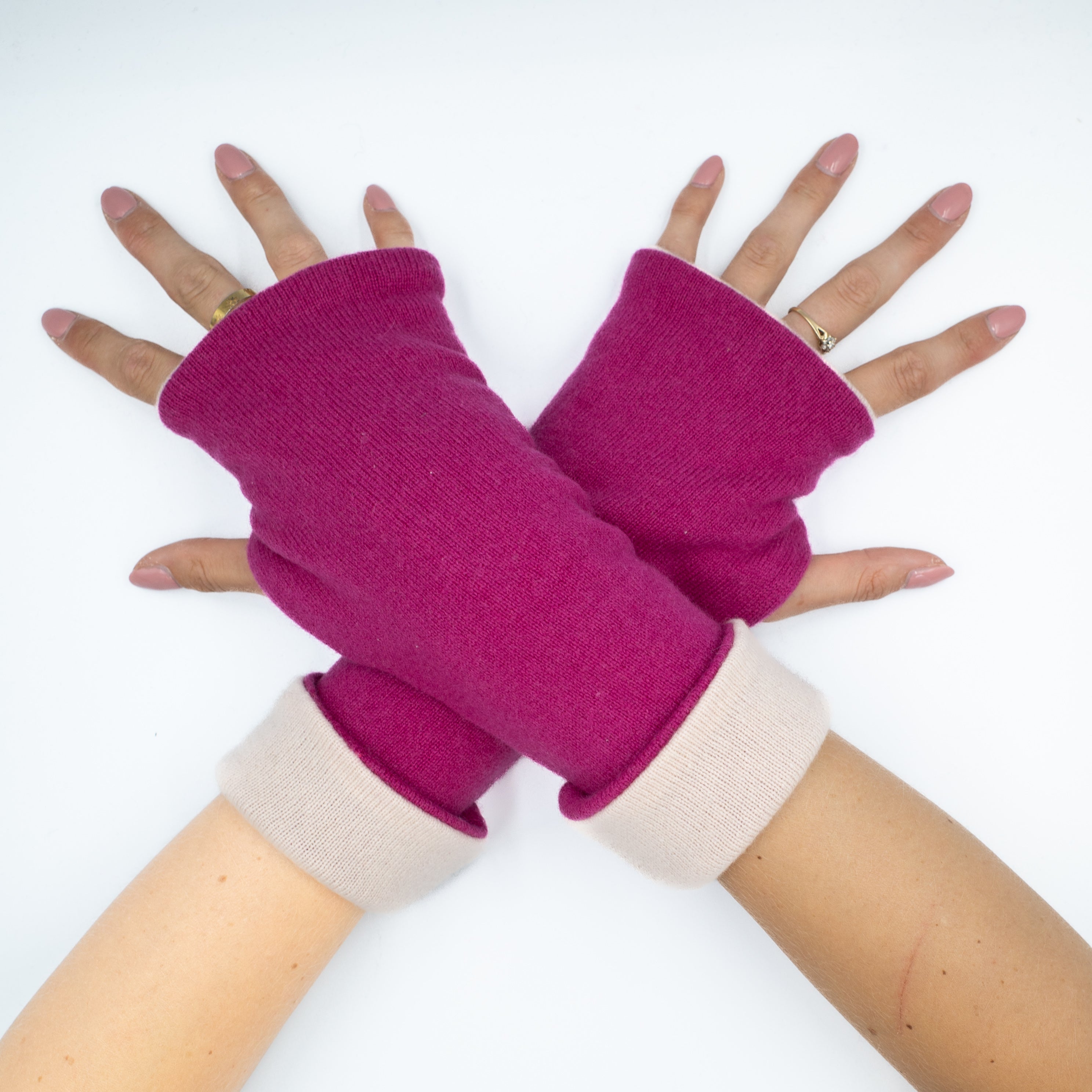 Fuchsia and Baby Pink Luxury Reversible Cashmere Fingerless Gloves