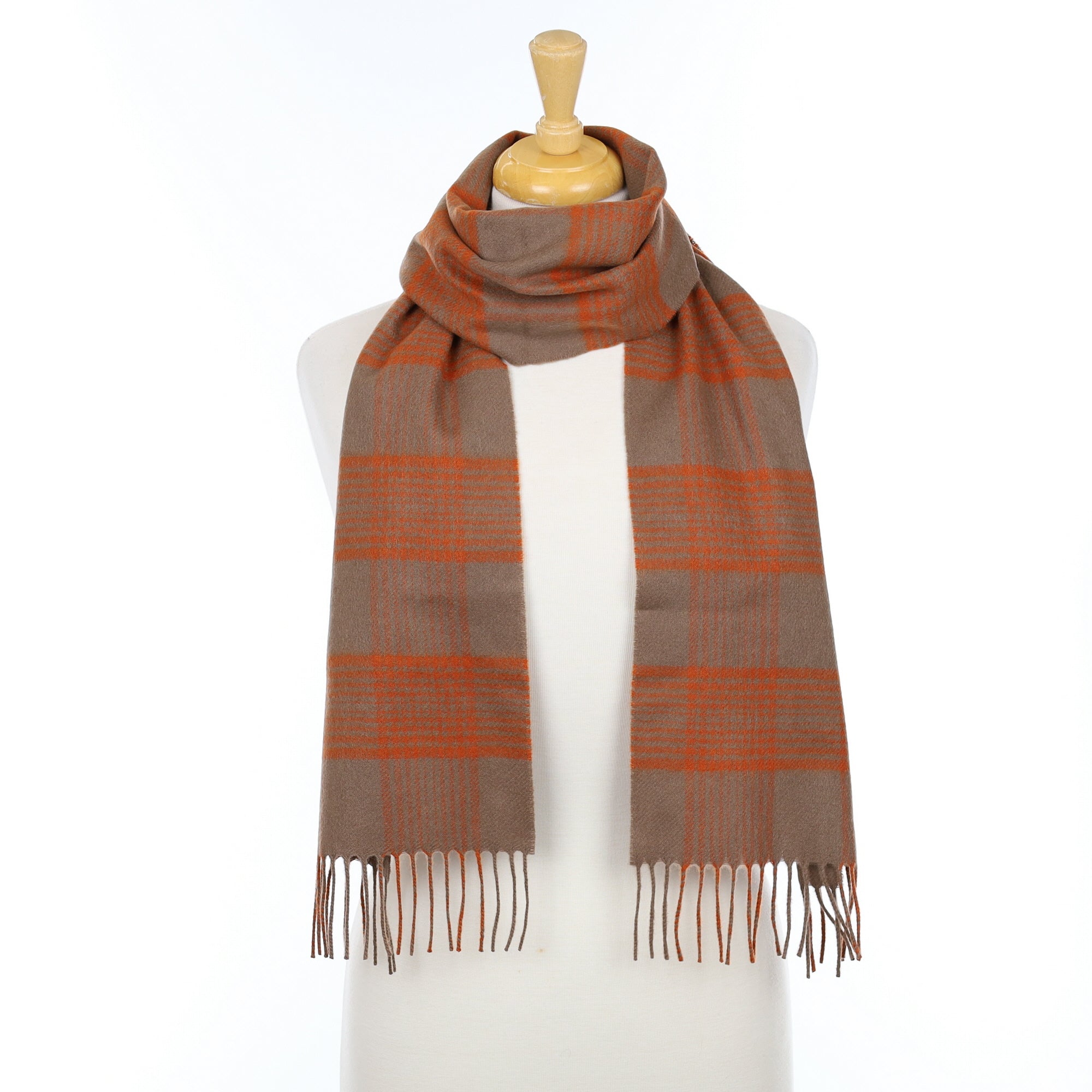 Brand New Scottish Taupe Brown And Orange Checked Cashmere Scarf