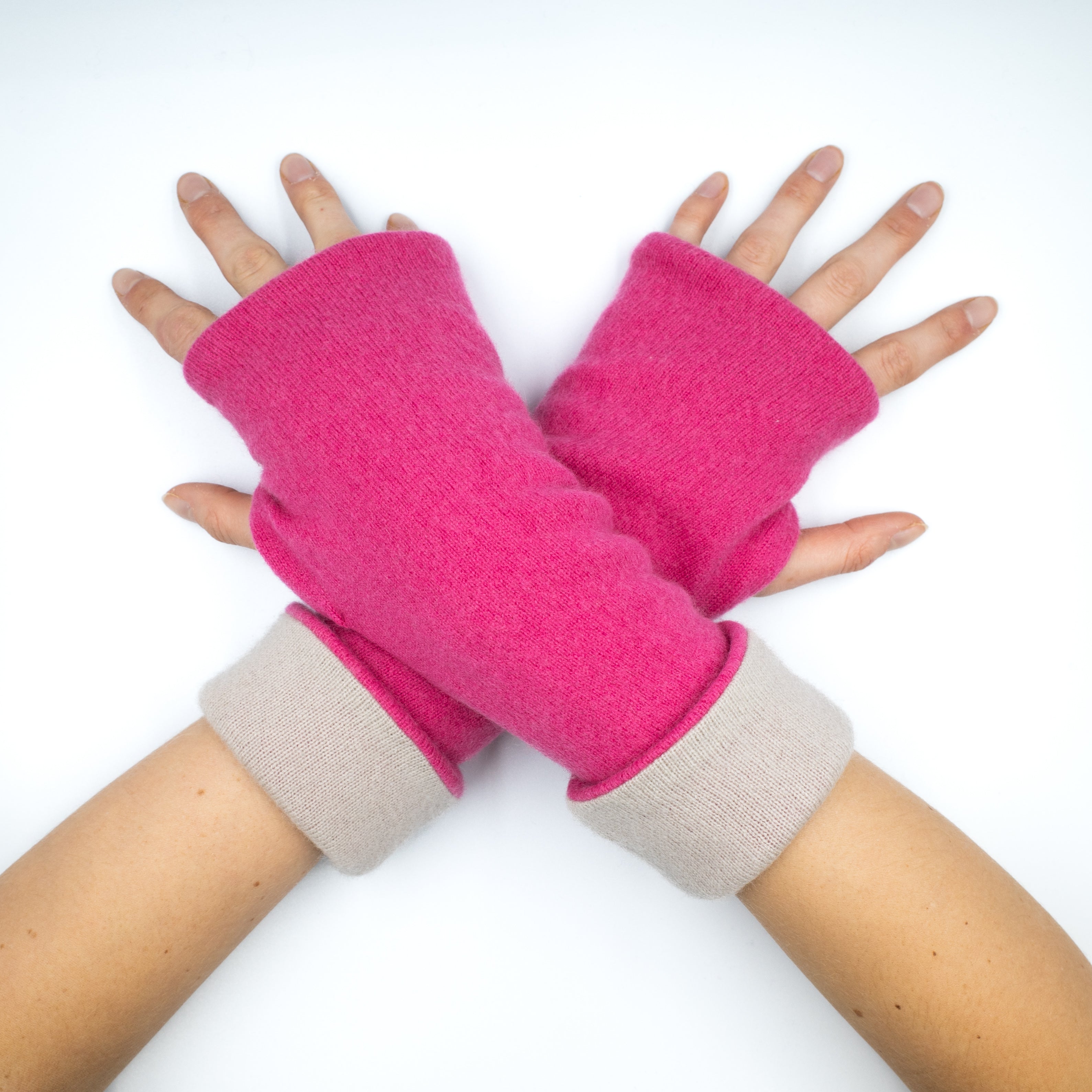 Pink and Palest Pink Luxury Reversible Cashmere Fingerless Gloves