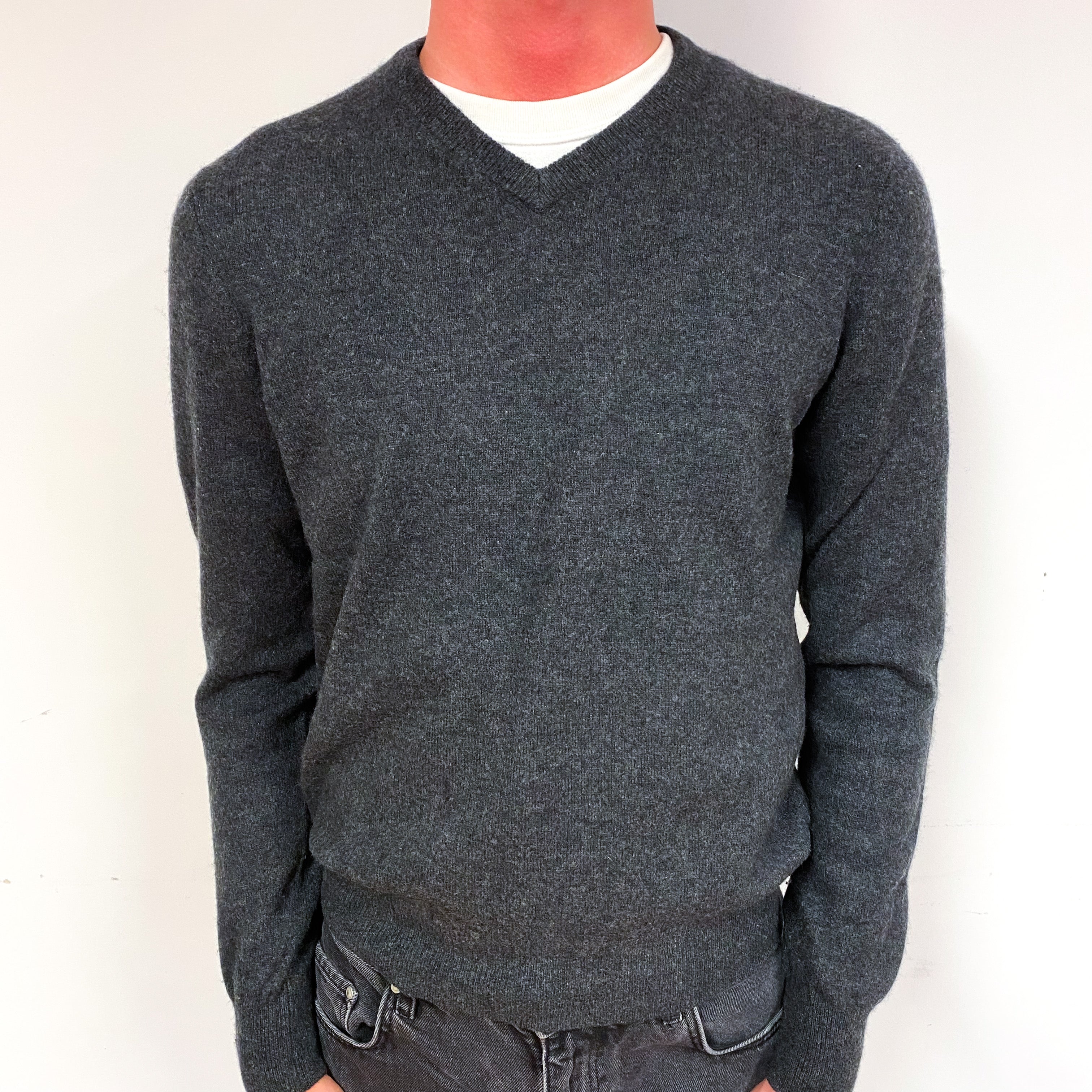 Men’s Slate Grey Cashmere V-Neck Jumper Small