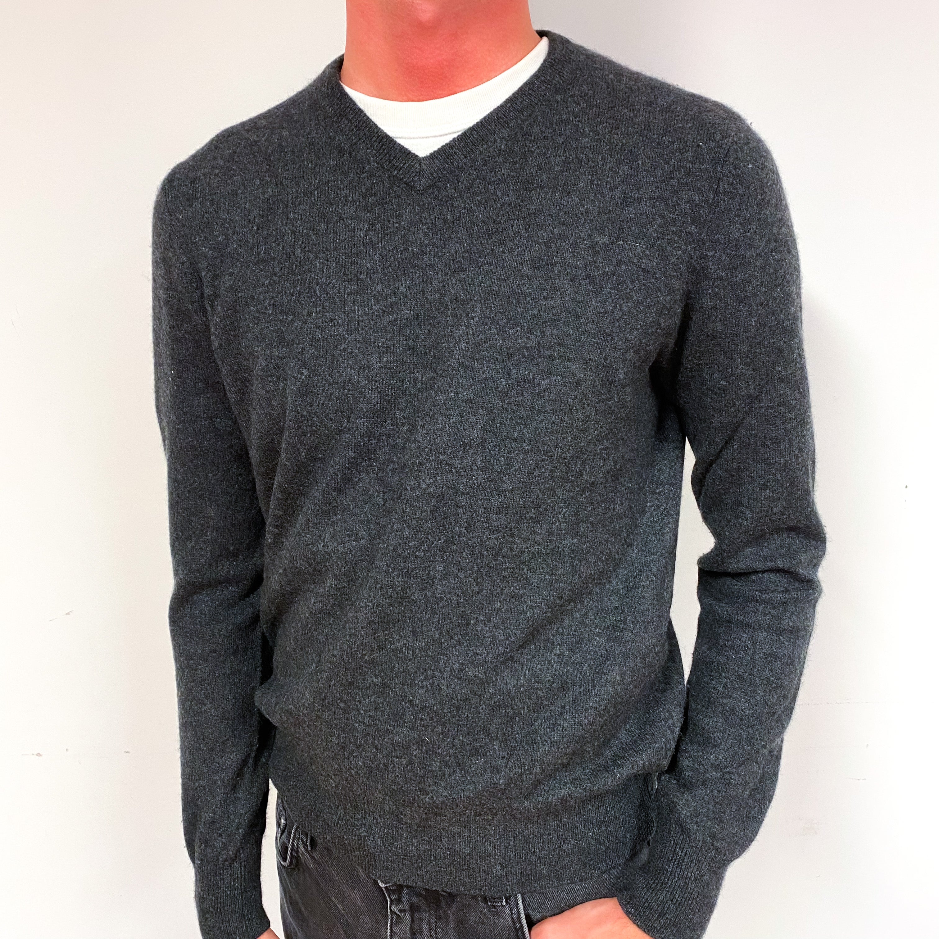 Men’s Slate Grey Cashmere V-Neck Jumper Small