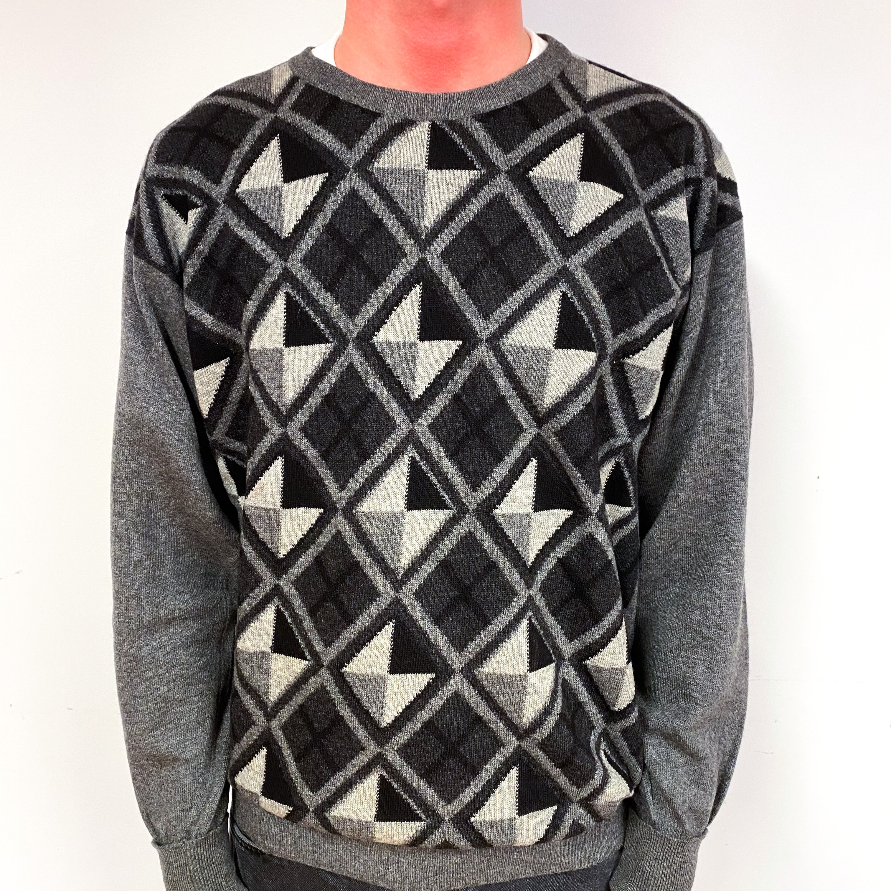 Men's Scottish Grey Geometric Cashmere Crew Neck Jumper