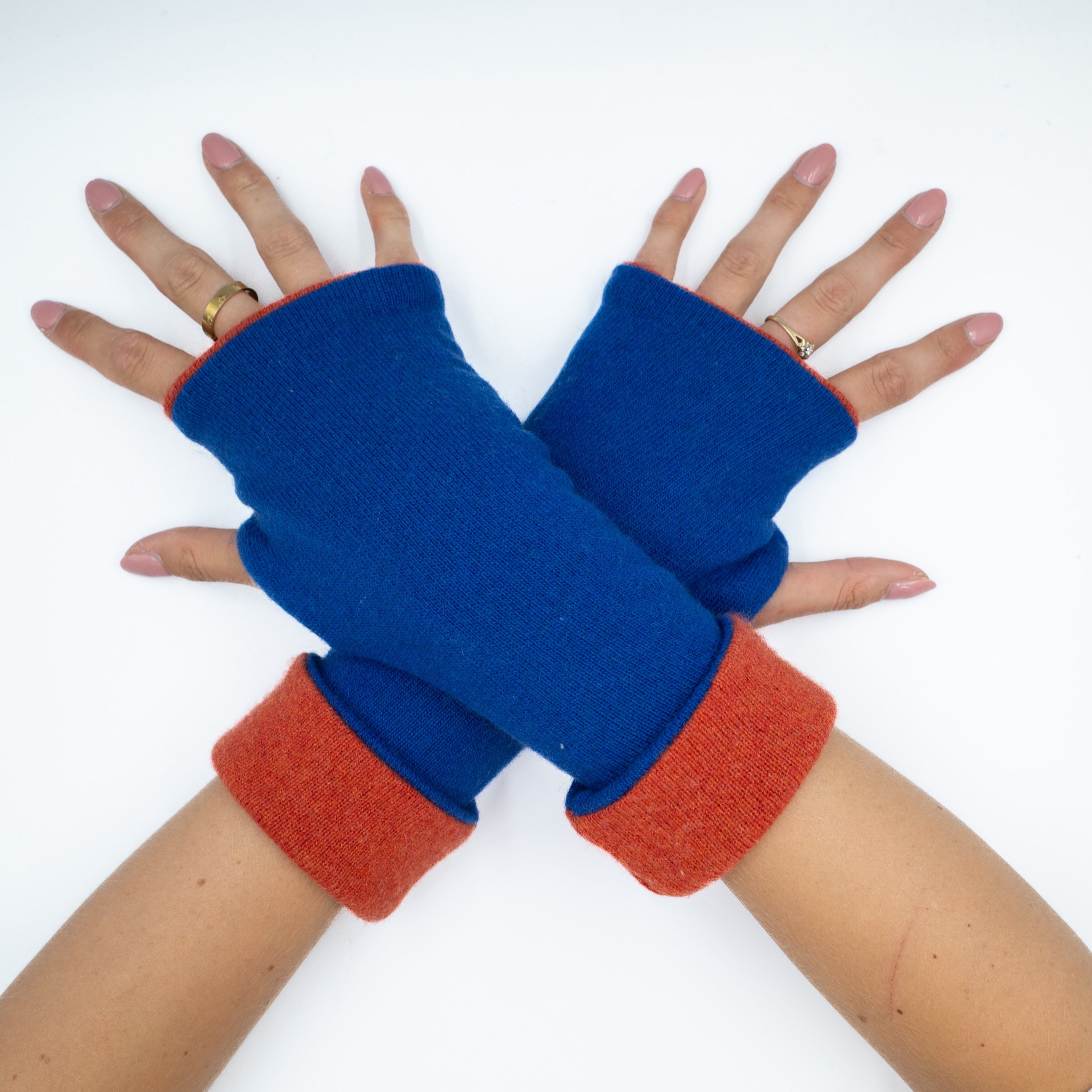 Blue and Pumpkin Orange Luxury Reversible Cashmere Fingerless Gloves