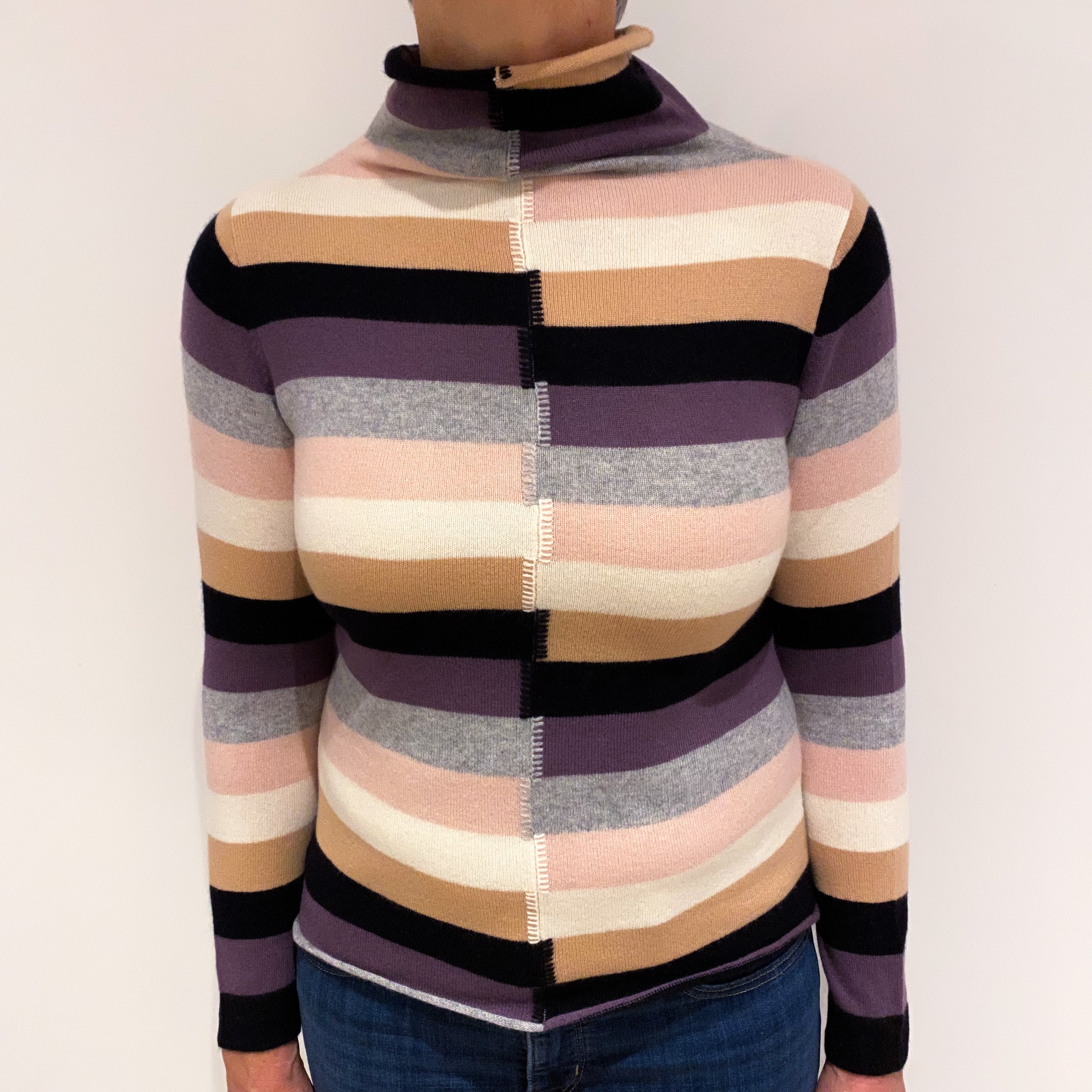 Multicolour Stripe Cashmere Funnel Neck Jumper Medium