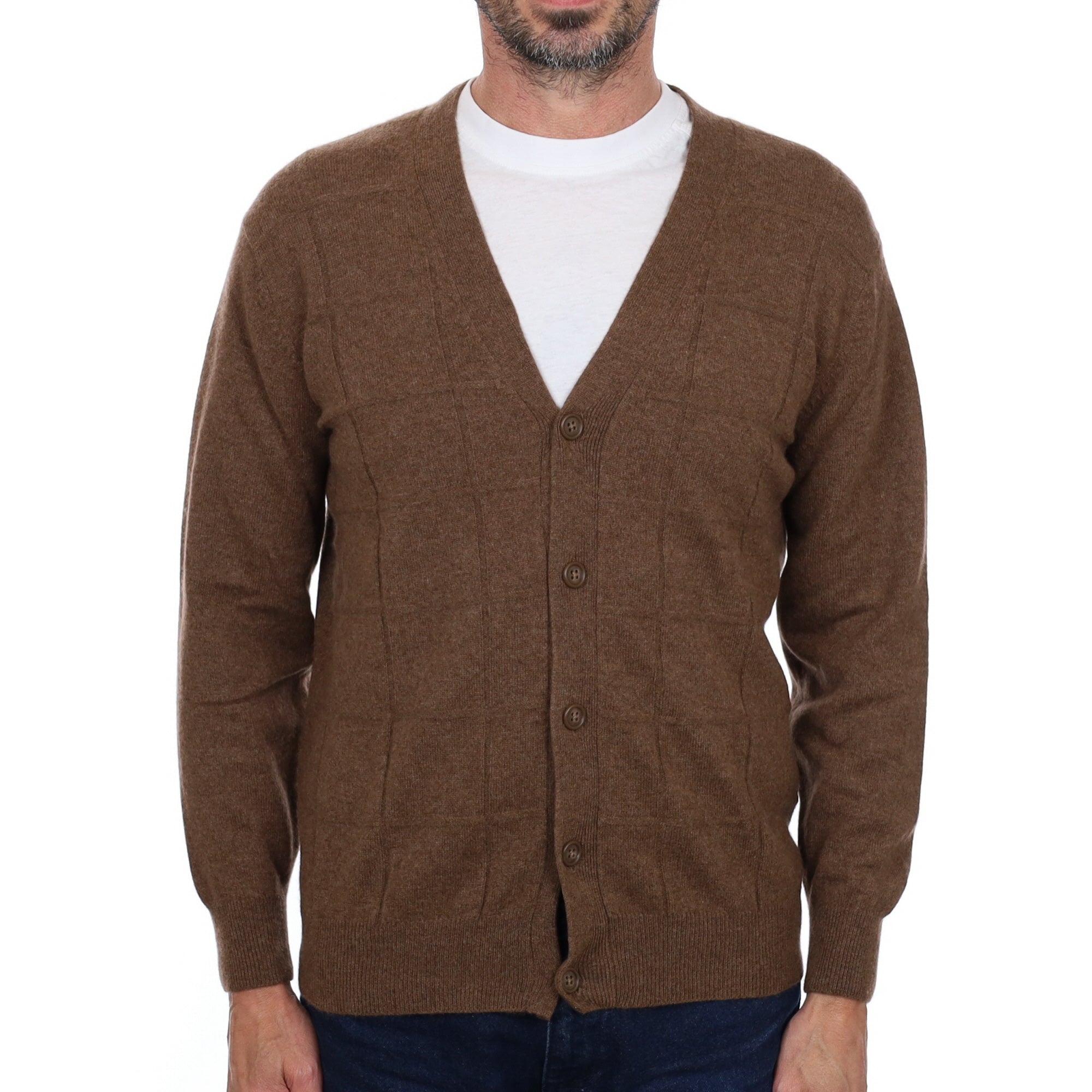 Men's Pecan Brown Cashmere V Neck Cardigan Small