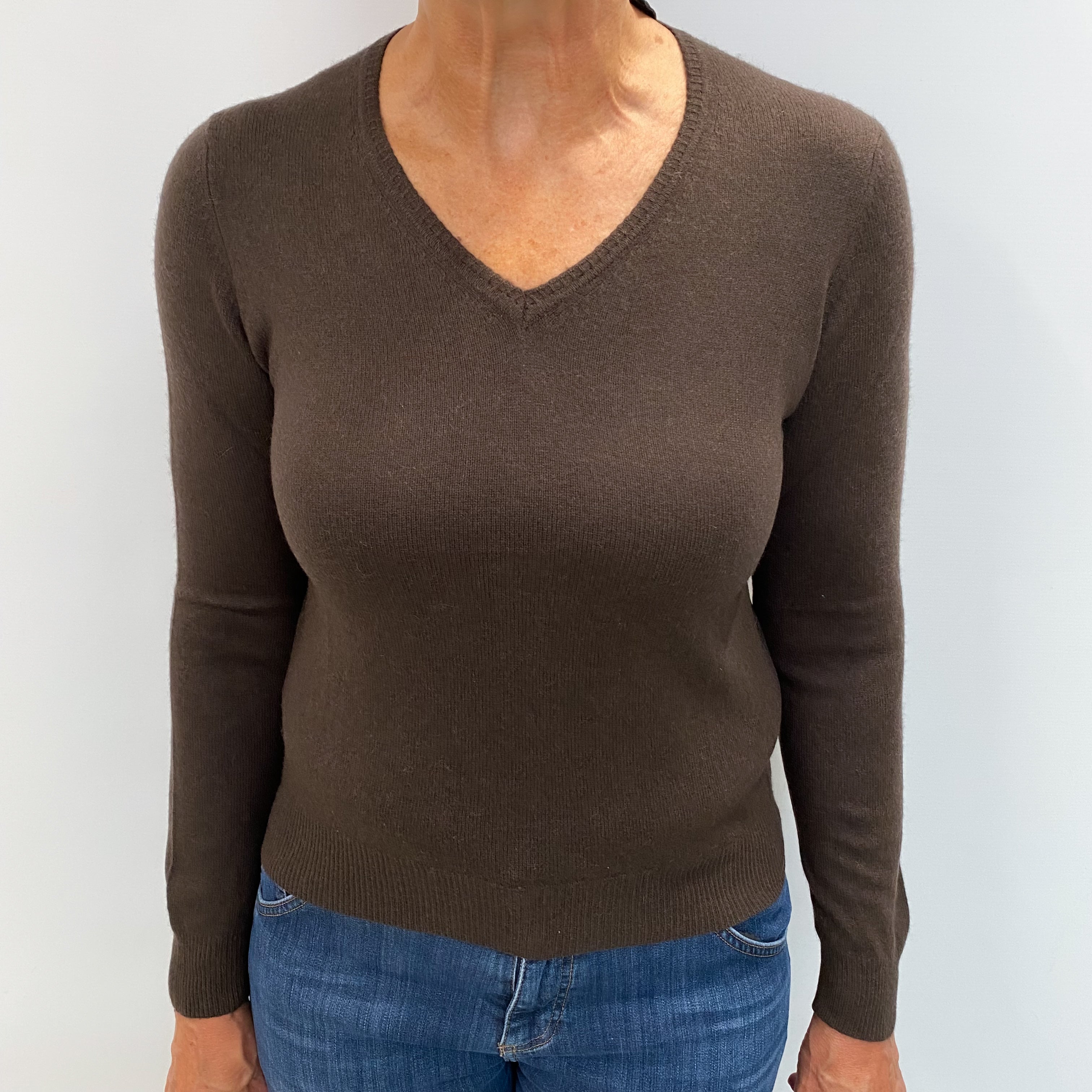 Peppercorn Brown Cashmere V Neck Jumper Medium