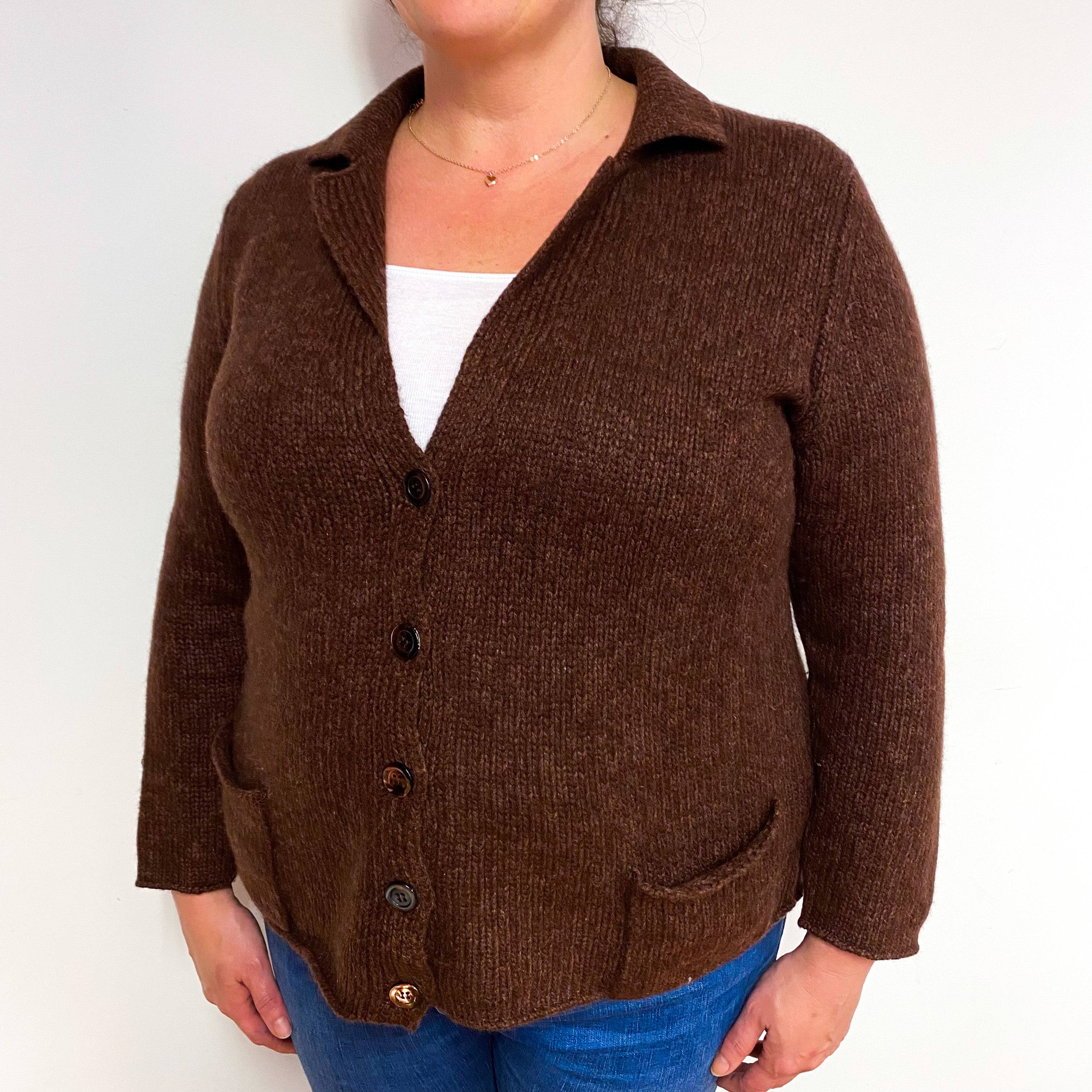 Umber Brown Chunky Cashmere V-Neck Cardigan Extra Large