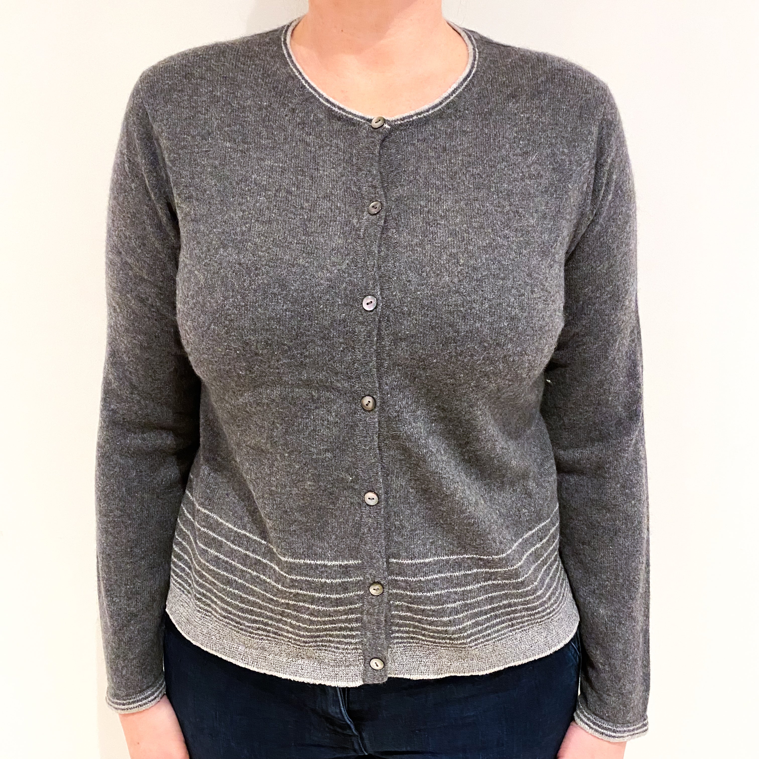 Italian Ash Grey Cashmere Crew Neck Cardigan Large