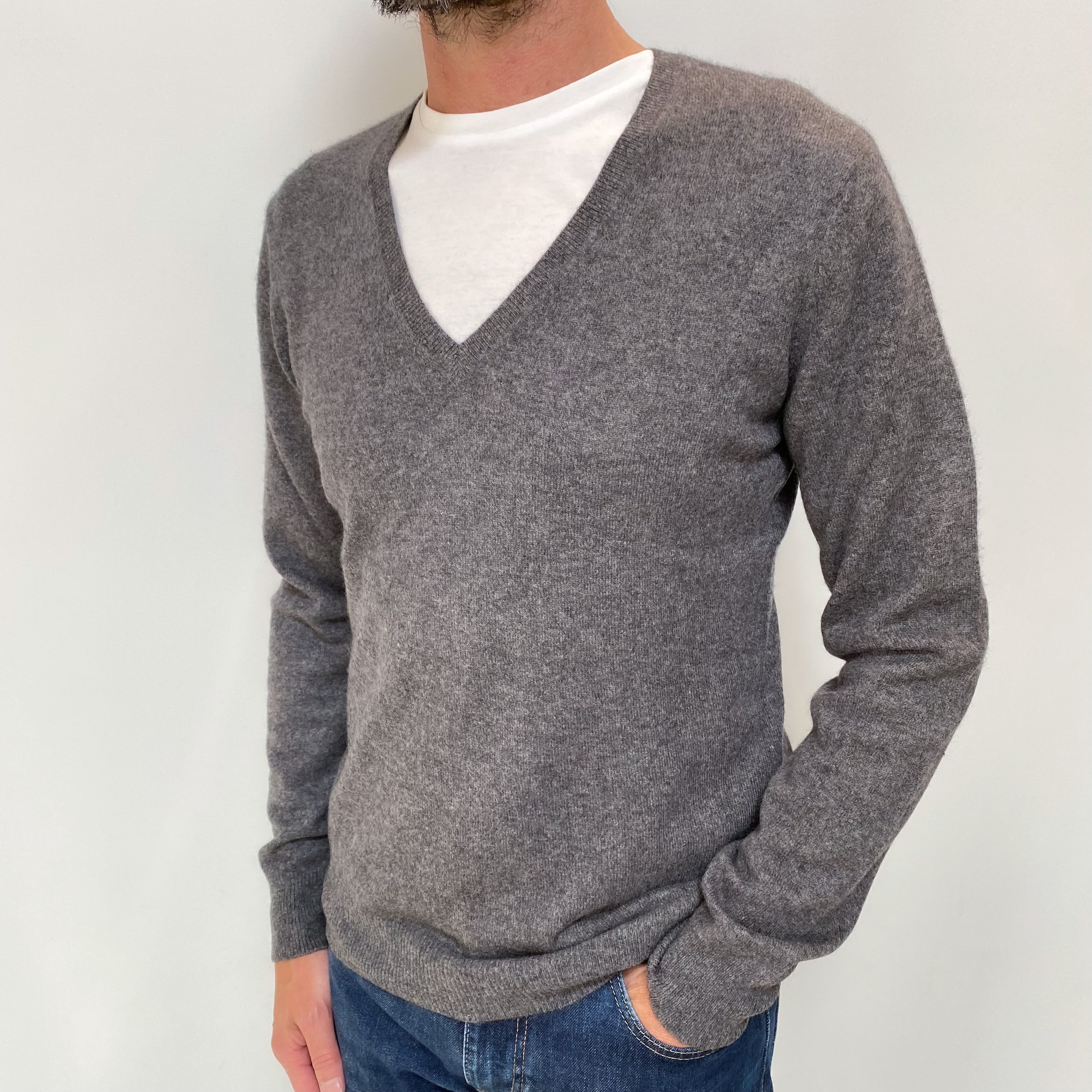 Men's Slate Grey Cashmere V Neck Jumper Small